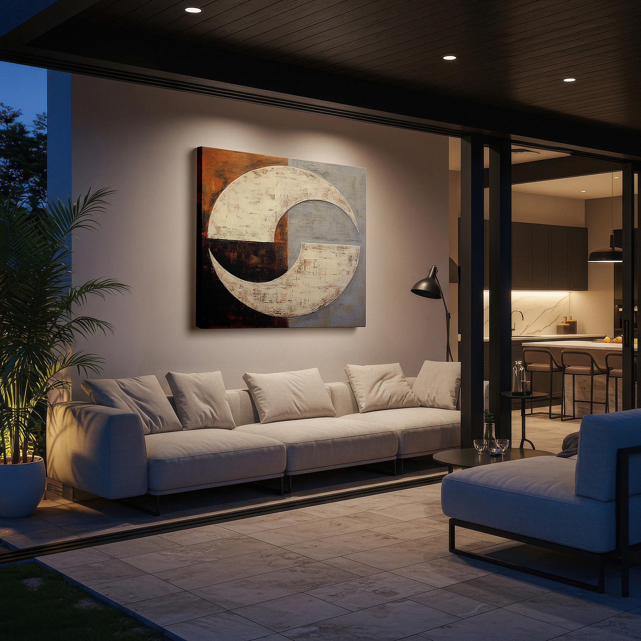 At 60×40 cm, this format fits effortlessly over dressers or benches — abstract exploration of unity and separation: vibrant half-circle wall art for home and office decor