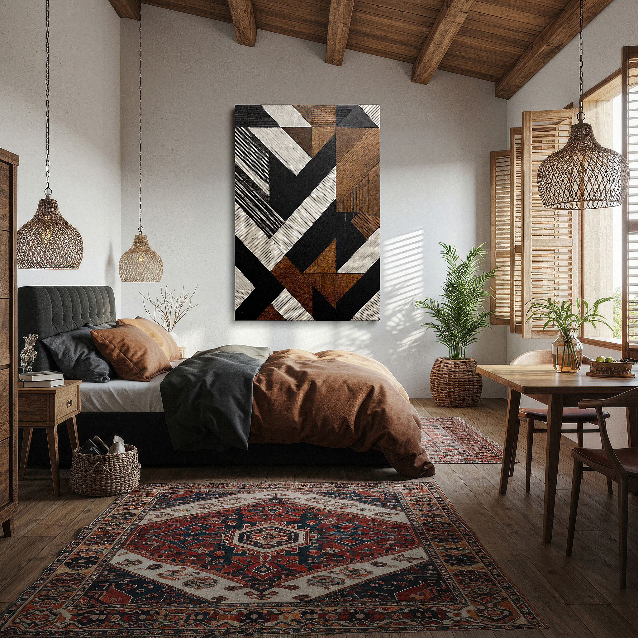 At 60×40 cm, this format fits effortlessly over dressers or benches — abstract geometric shapes in black, white, and brown featuring bold contrasts and textural depth, large canvas wall art decor