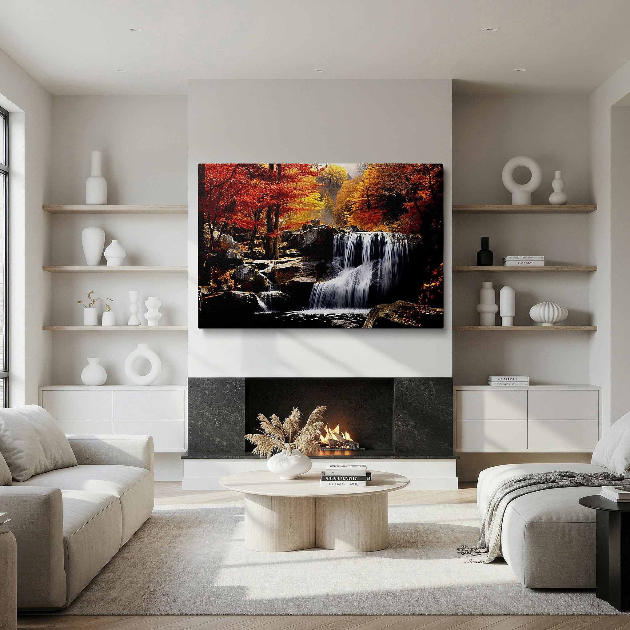 At 60×40 cm, this format fits effortlessly over dressers or benches — autumn waterfall with bright foliage, tranquil forest scene large wall art, canvas wall decor for office and bedroom