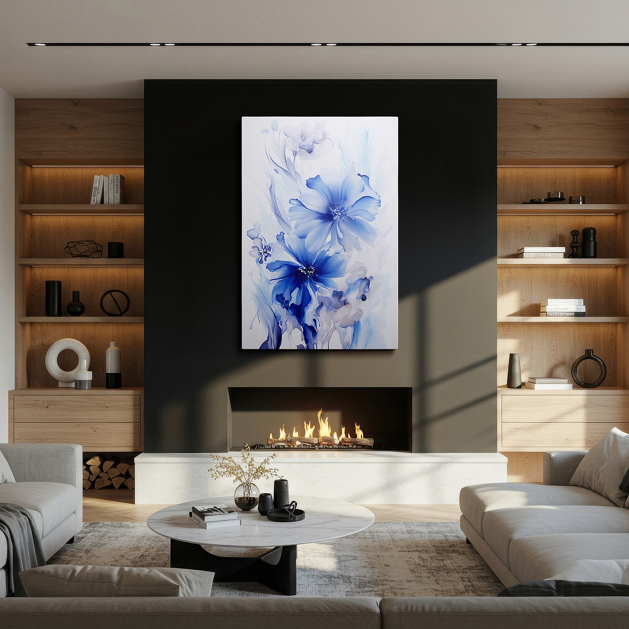 At 60×40 cm, this format fits effortlessly over dressers or benches — azure blossoms dance - serene blue flowers in motion large wall art, canvas wall art, wall decor for office and bedroom