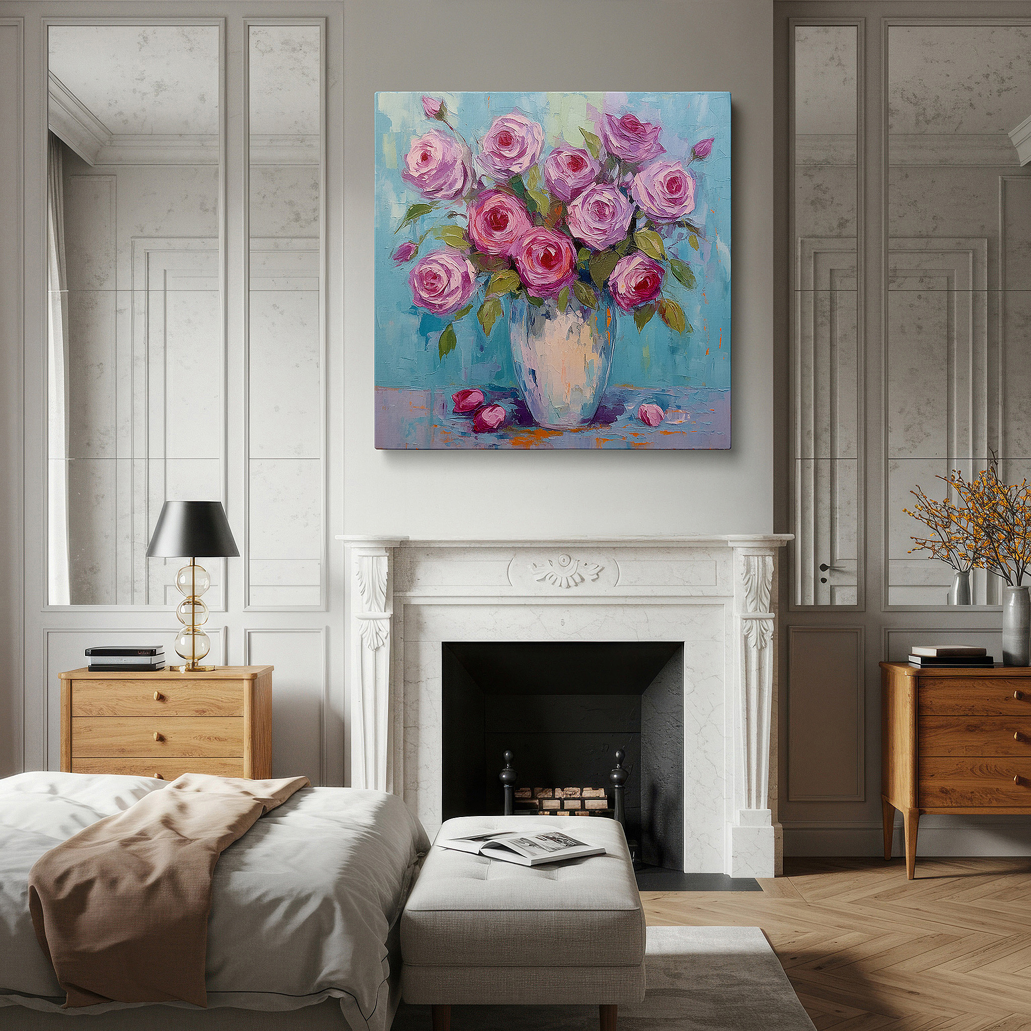 At 60×40 cm, this format fits effortlessly over dressers or benches — blush pink roses in serene blue large canvas wall art for office, bedroom, and living room decor