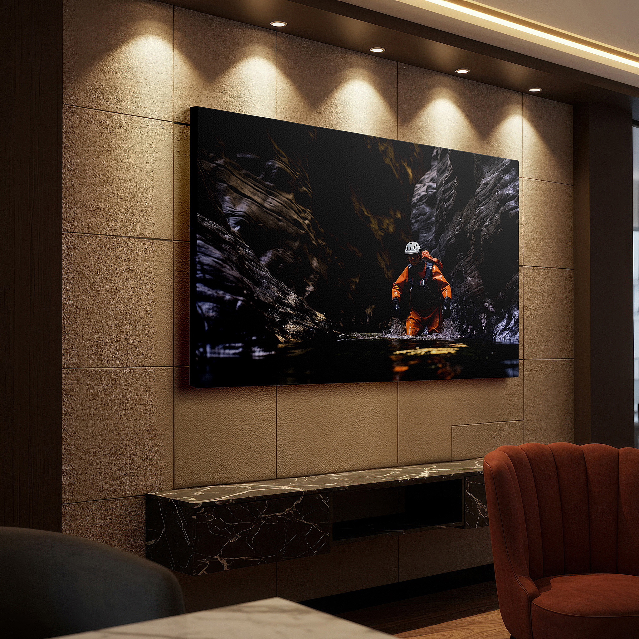 At 60×40 cm, this format fits effortlessly over dressers or benches — canyon kayaking adventure - stunning resilience and adventure themed large wall art, canvas decor for office and bedroom