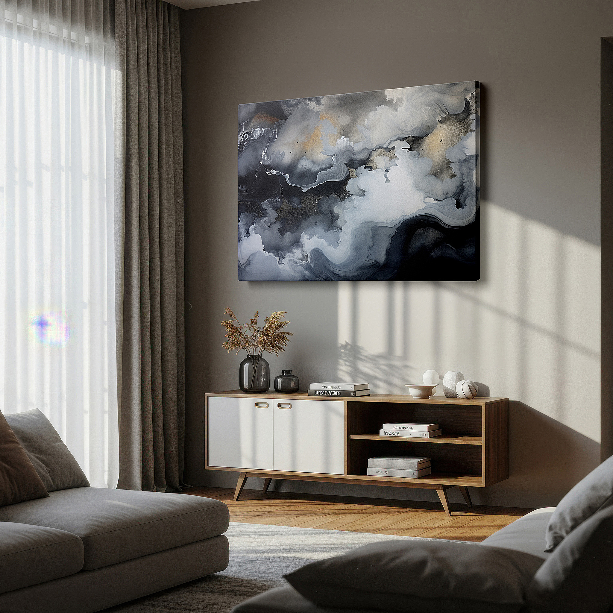 At 60×40 cm, this format fits effortlessly over dressers or benches — a captivating abstract exploration of monochrome feelings and movement: large wall art, canvas wall art, wall decor for offices and bedrooms