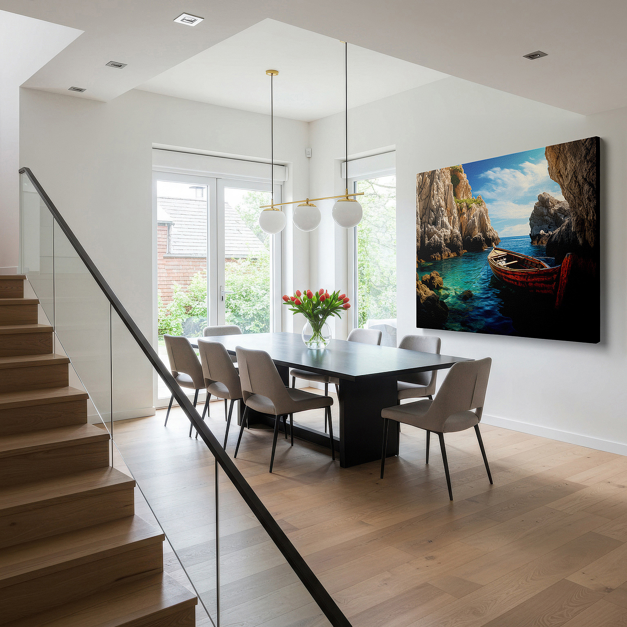 At 60×40 cm, this format fits effortlessly over dressers or benches — coastal serenity wall art featuring weathered boat and textured cliffs - large canvas for home and office decor, perfect for living rooms and bedrooms