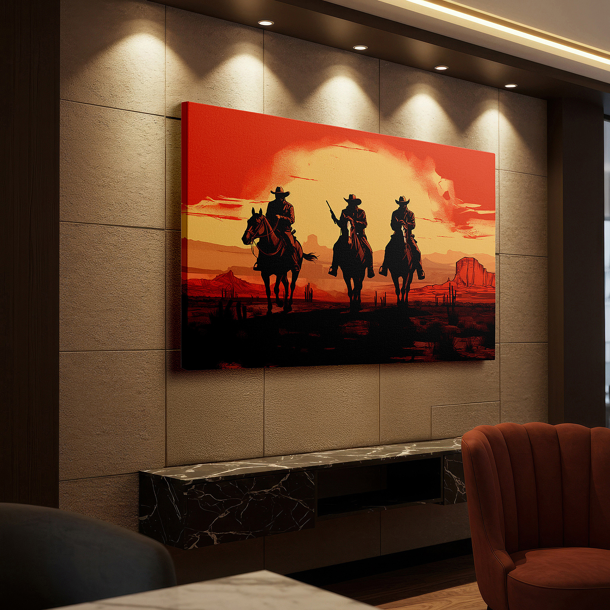 At 60×40 cm, this format fits effortlessly over dressers or benches — cowboys riding horses at a fiery desert sunset - a striking emblem of liberty and exploration in the american west, large wall art, canvas wall art