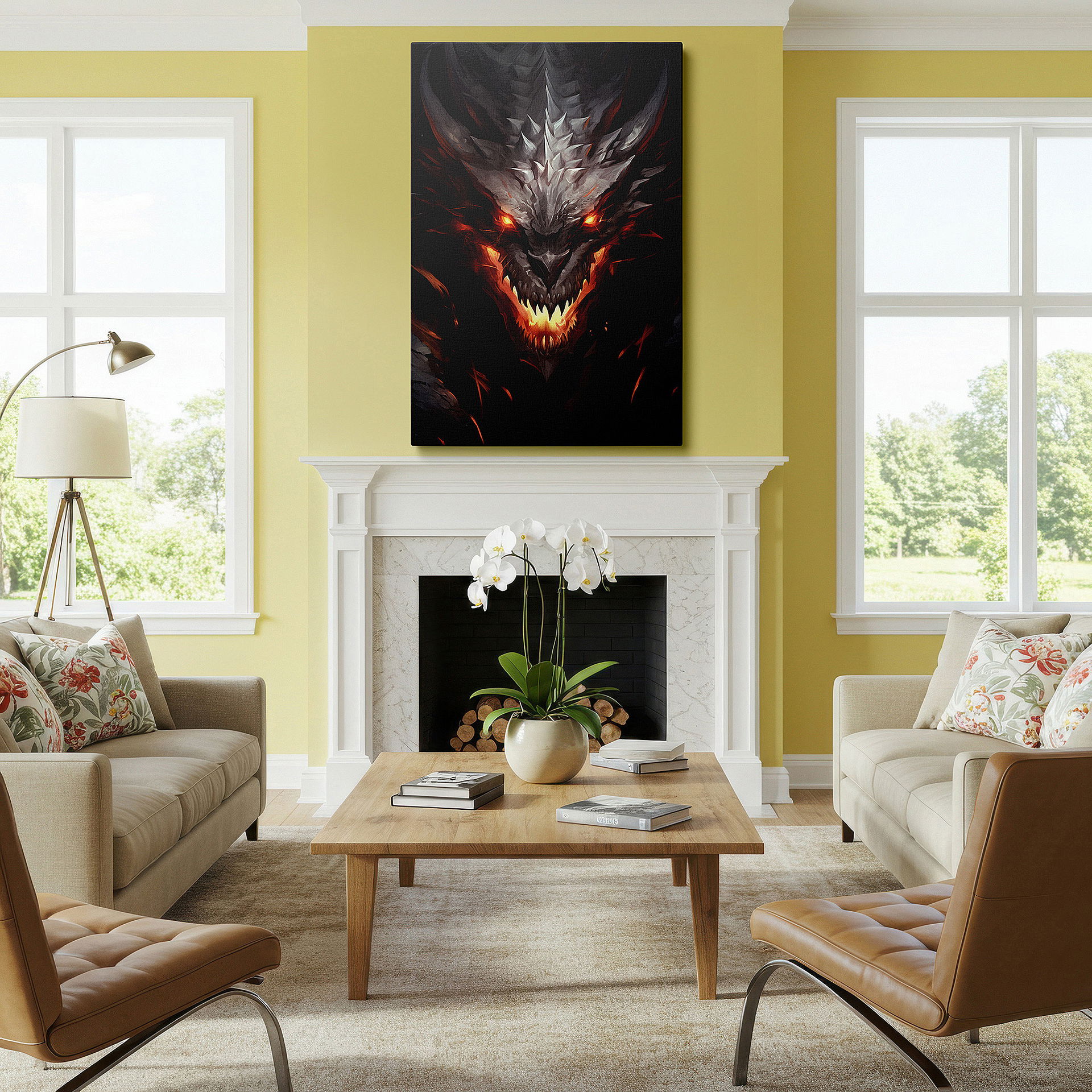 At 60×40 cm, this format fits effortlessly over dressers or benches — dragon's majesty wall art: vibrant colors depicting