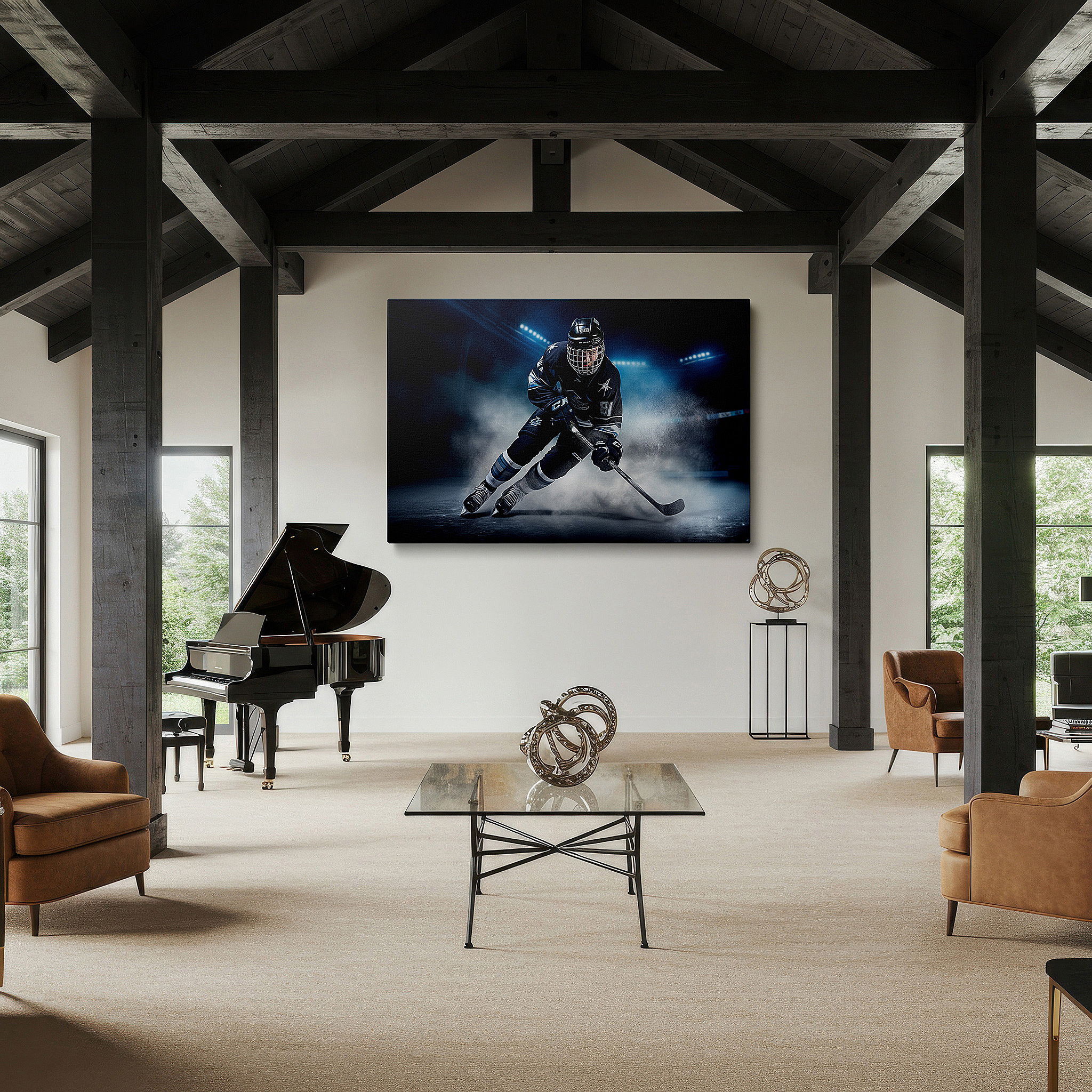 At 60×40 cm, this format fits effortlessly over dressers or benches — dynamic ice hockey action large canvas wall art for office, bedroom, and living room decor