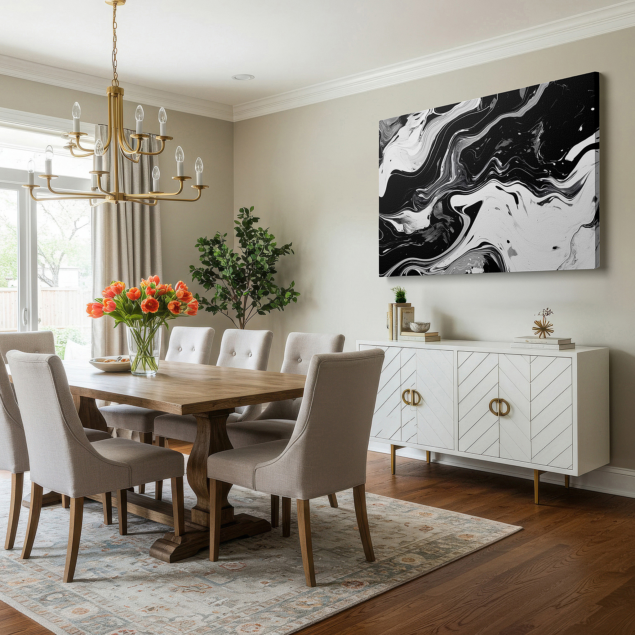 At 60×40 cm, this format fits effortlessly over dressers or benches — elegant and dynamic black and white marble abstract large wall art, canvas wall art, wall decor for modern offices