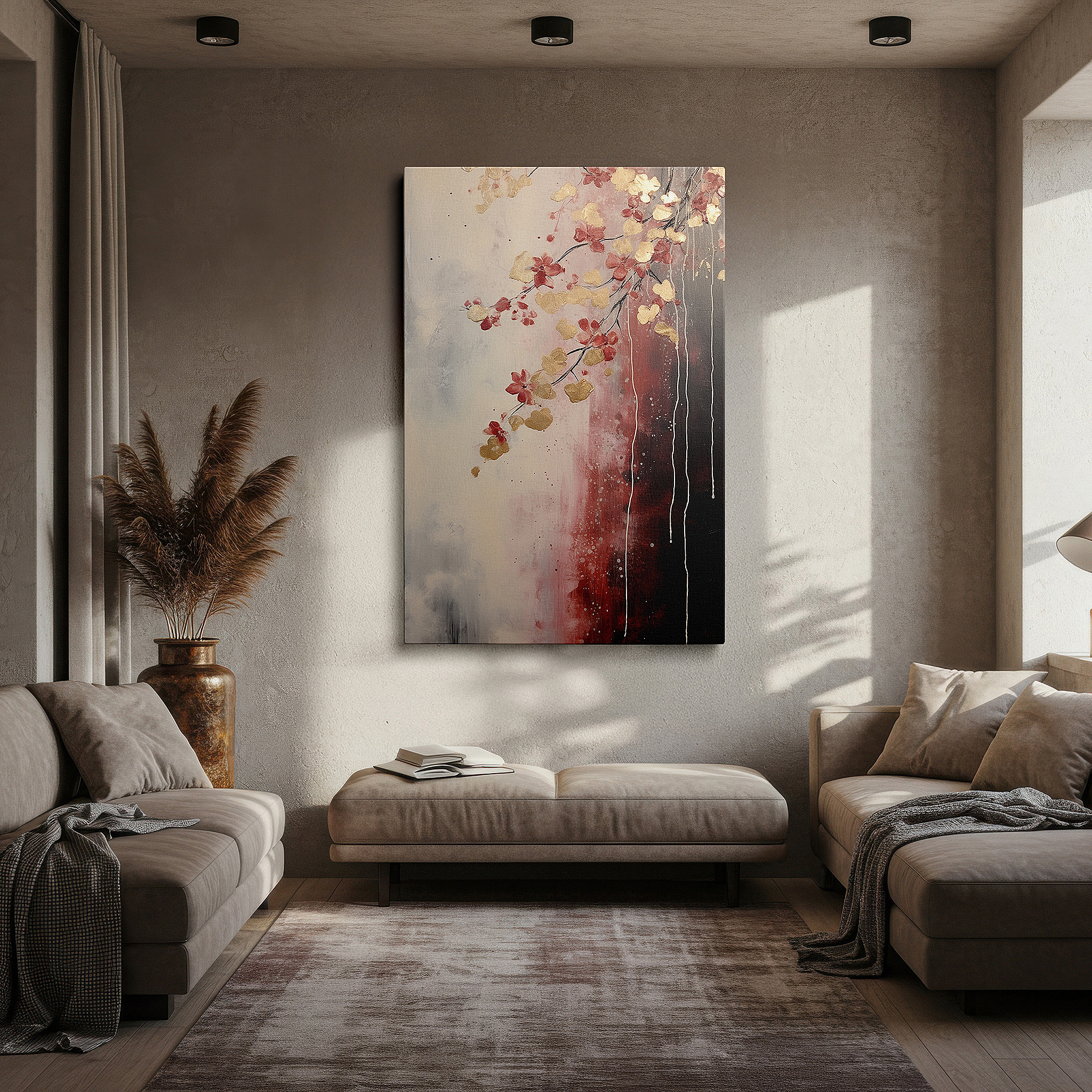 At 60×40 cm, this format fits effortlessly over dressers or benches — elegant and modern large wall art featuring vibrant red flowers and gold highlights on a dual-toned canvas, perfect for office wall decor