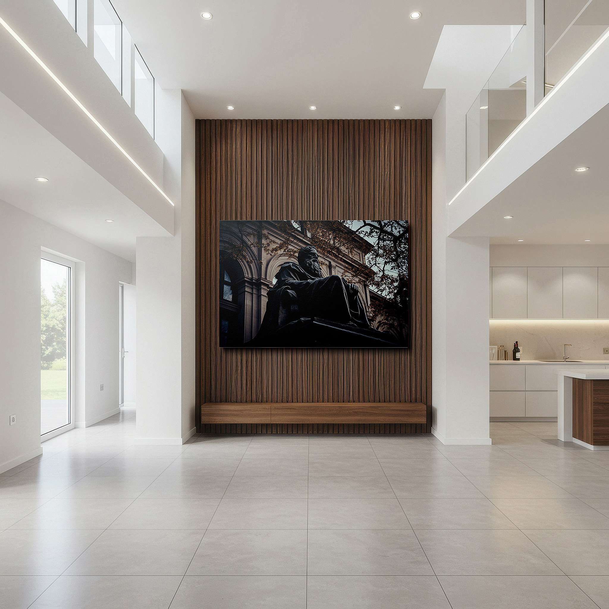 At 60×40 cm, this format fits effortlessly over dressers or benches — elegant scholarly reflections: large canvas wall art featuring a wise philosopher, perfect for office or bedroom decor
