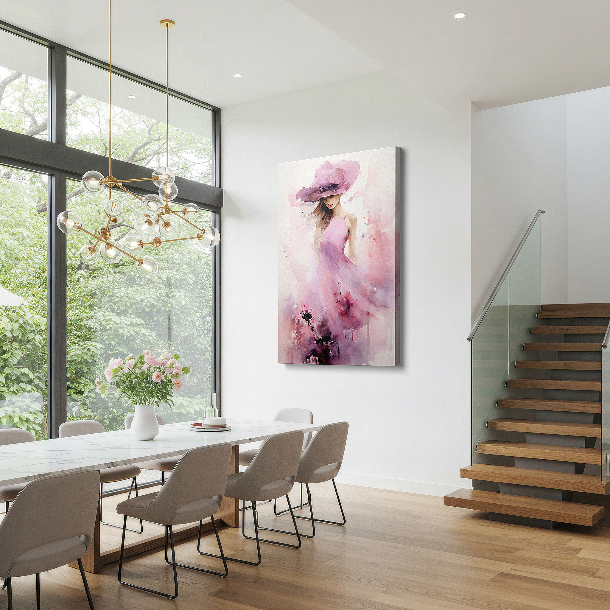 At 60×40 cm, this format fits effortlessly over dressers or benches — elegant serenity in pink: serene woman with wide-brimmed hat - large canvas wall art for office and bedroom decor