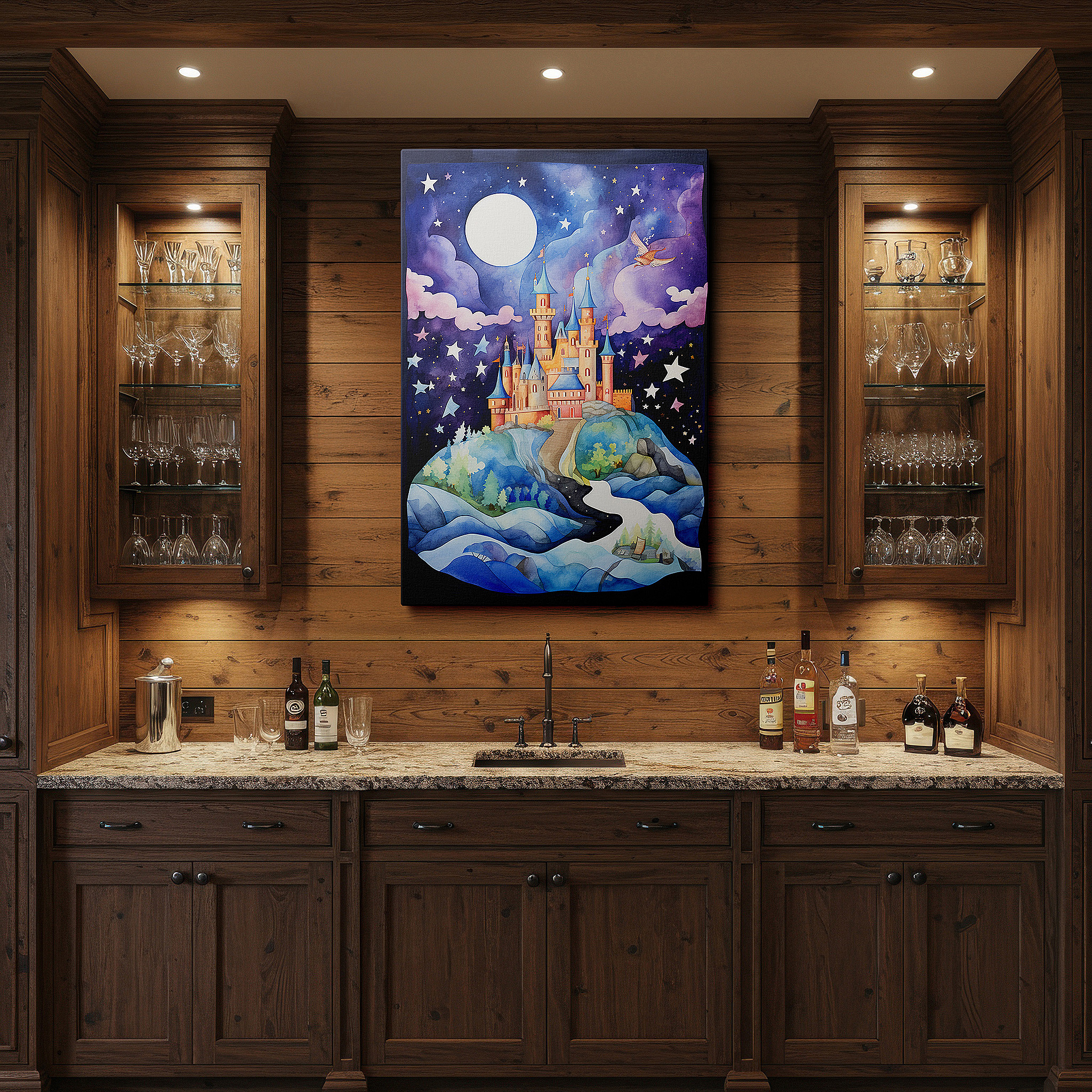 At 60×40 cm, this format fits effortlessly over dressers or benches — enchanted castle in a starlit realm wall art: fairy tale magic landscape, large canvas art for office and bedroom decor