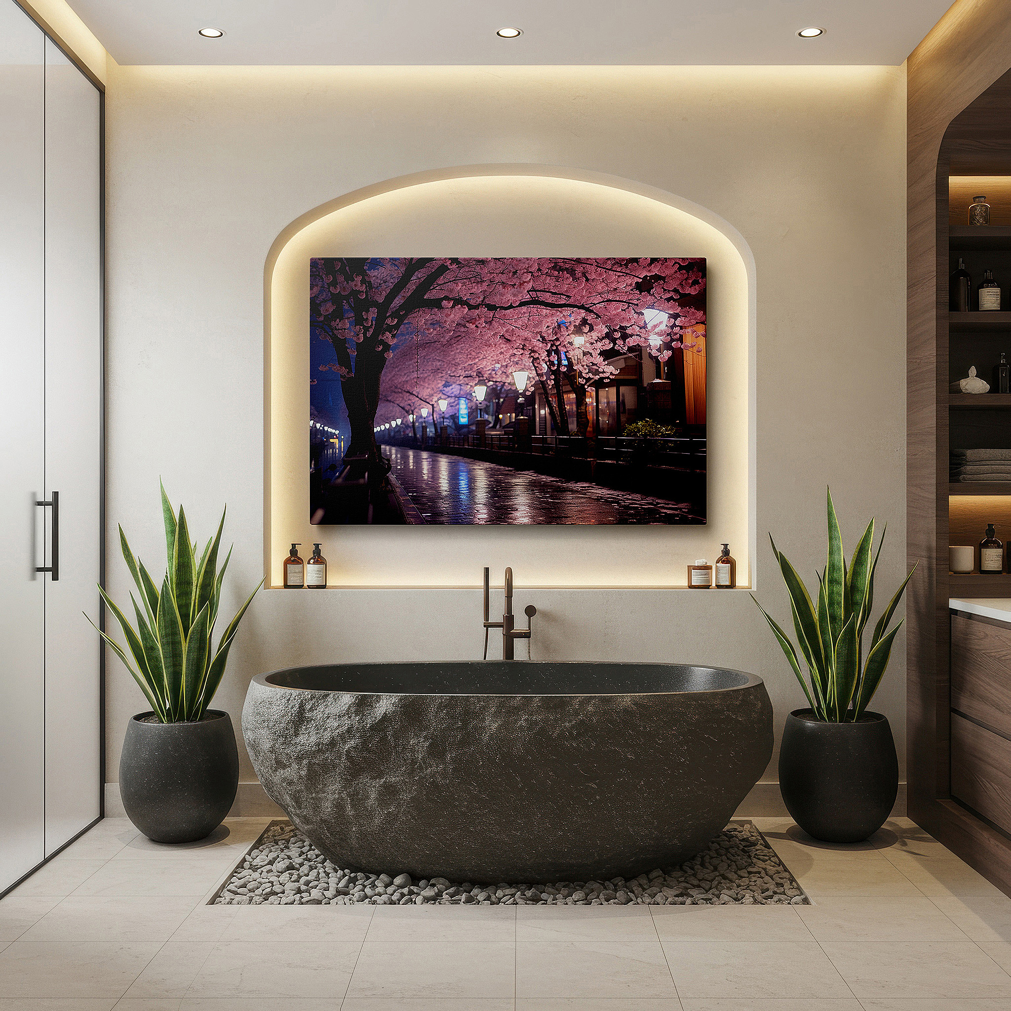 At 60×40 cm, this format fits effortlessly over dressers or benches — enchanted evening walk beneath lit cherry blossoms large wall art, canvas wall art, wall decor for office and bedroom