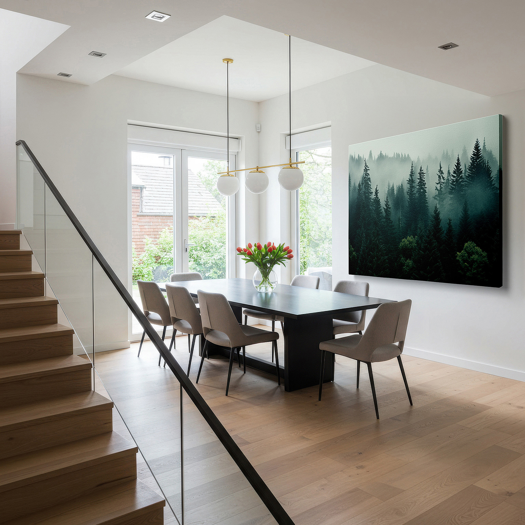 At 60×40 cm, this format fits effortlessly over dressers or benches — enchanted evergreens in mist: a serene symphony of light and shadow - large wall art, canvas wall art, wall decor for office and bedroom
