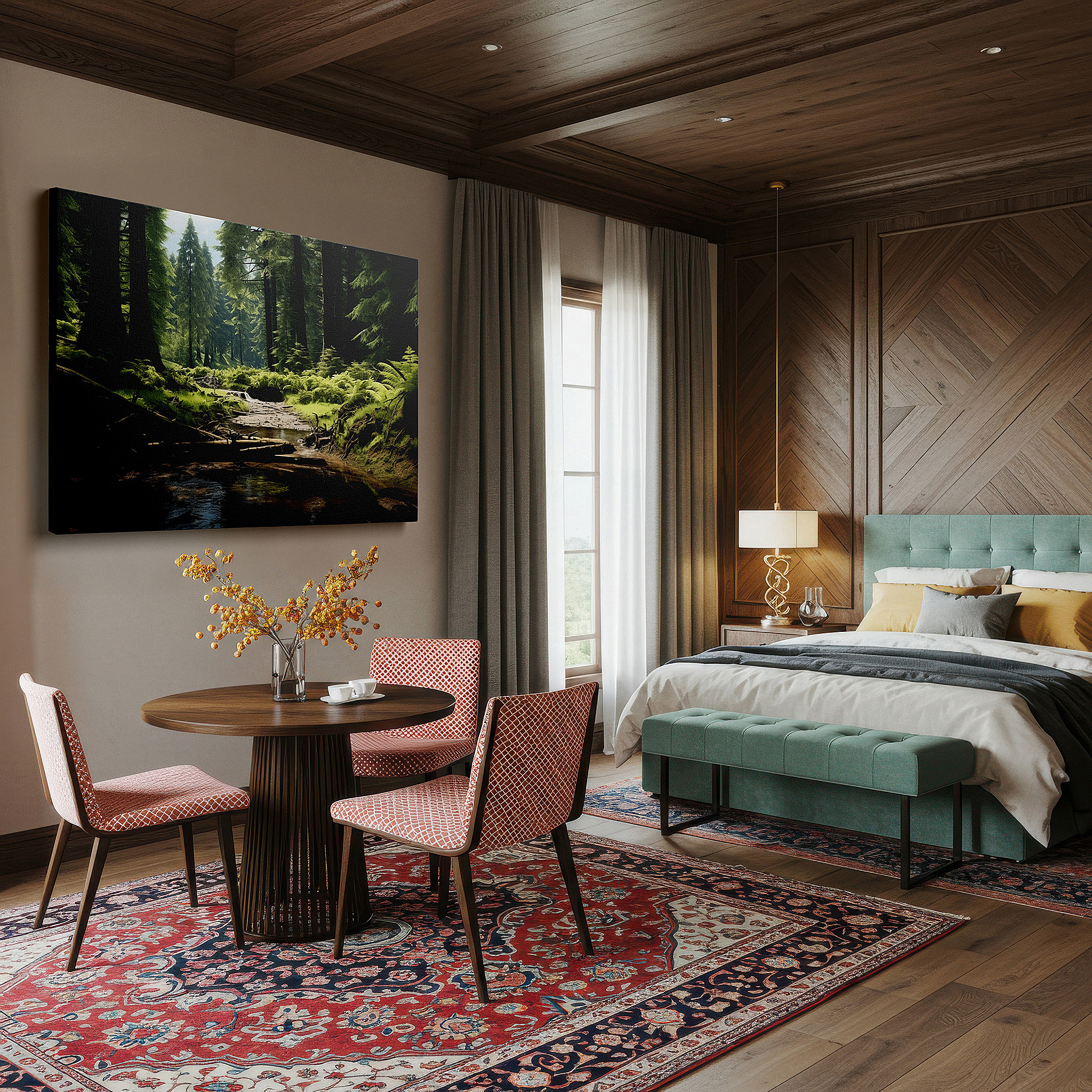 At 60×40 cm, this format fits effortlessly over dressers or benches — enchanted forest landscape with sunlit trees and peaceful stream, large canvas wall art for home and office decor