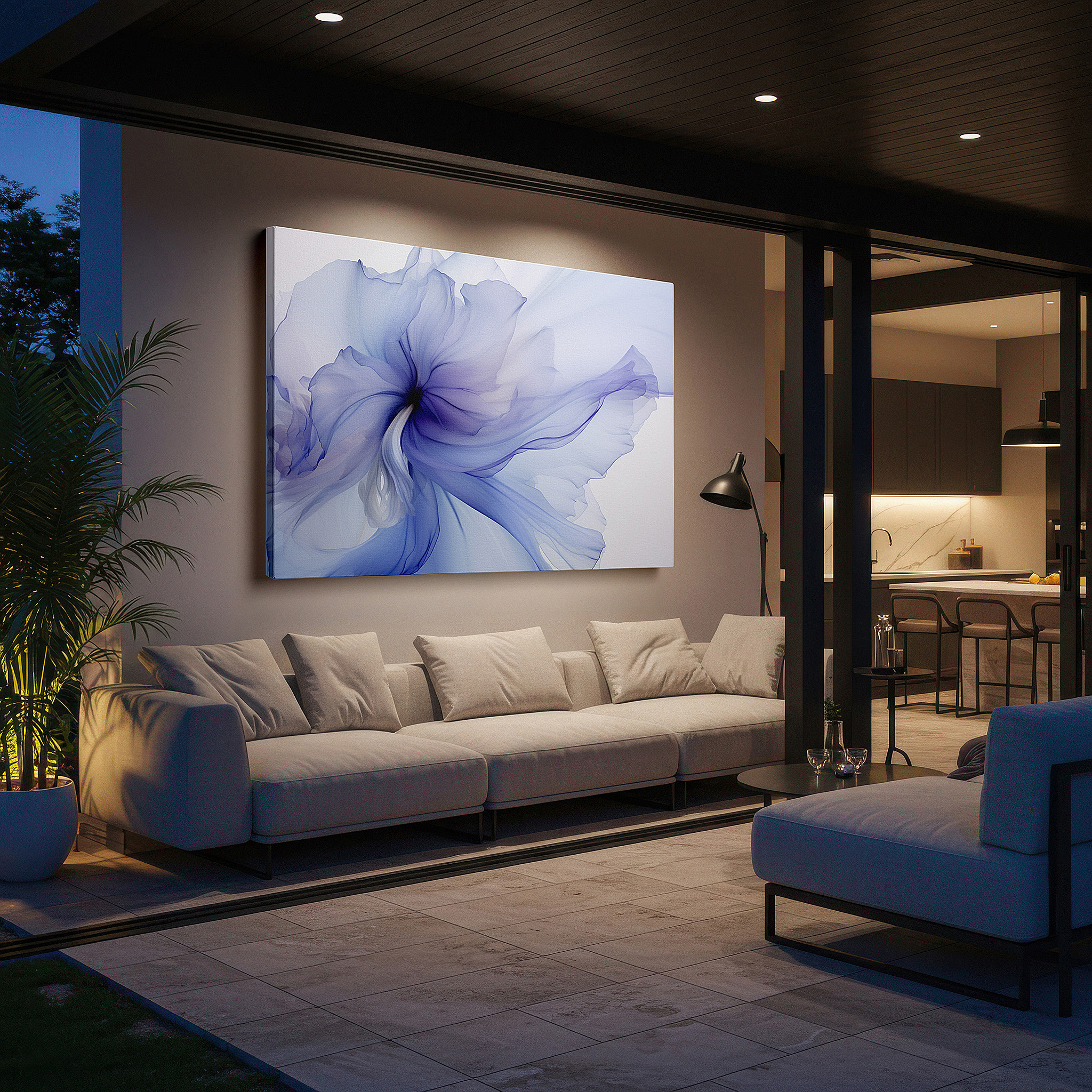 At 60×40 cm, this format fits effortlessly over dressers or benches — enchanting abstract blue flower: elegant and tranquil large wall art, canvas decor for offices and bedrooms