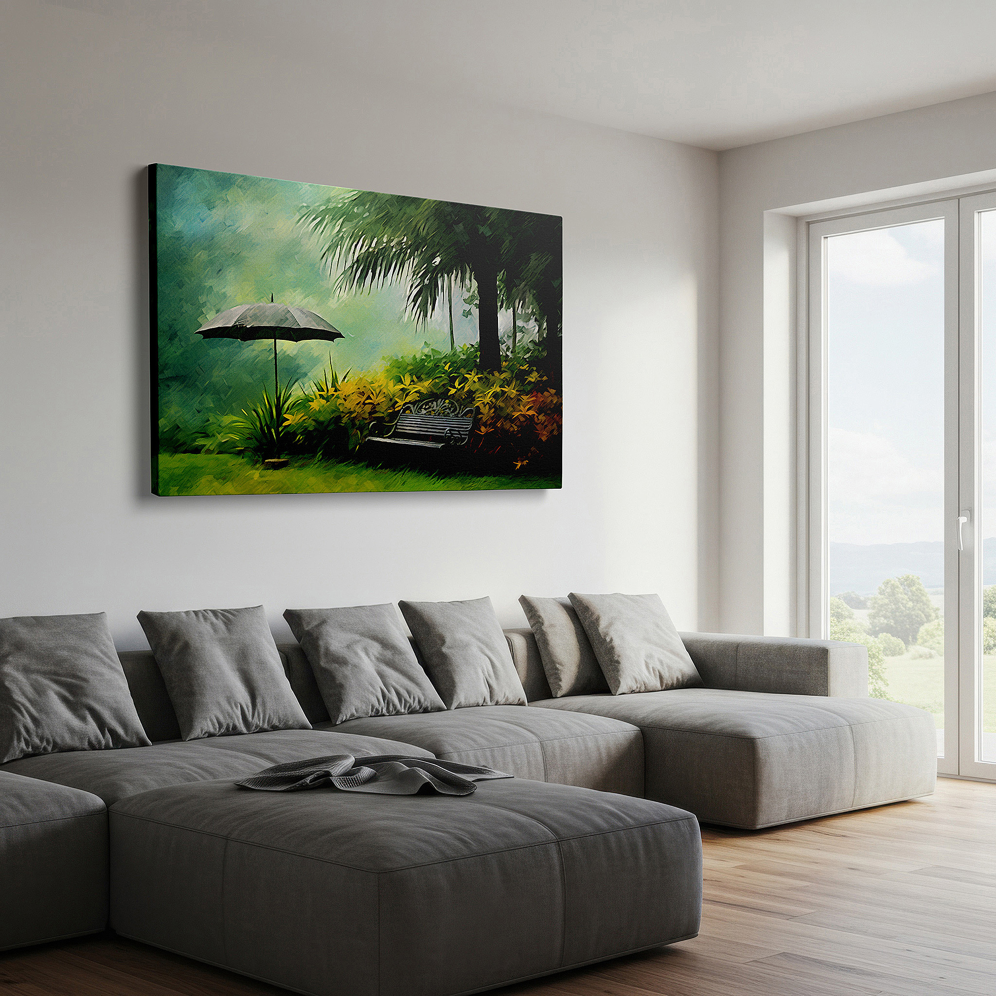 At 60×40 cm, this format fits effortlessly over dressers or benches — enchanting garden oasis featuring a hidden bench beneath a grey umbrella, a peaceful retreat surrounded by lush greenery and delicate flowers large wall art, canvas wall