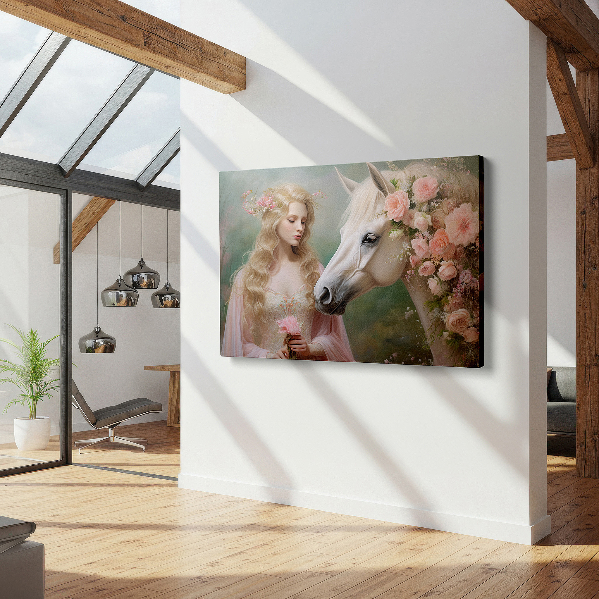At 60×40 cm, this format fits effortlessly over dressers or benches — enchanting white horse in a floral wonderland large wall art, canvas wall art, wall decor for office and bedroom