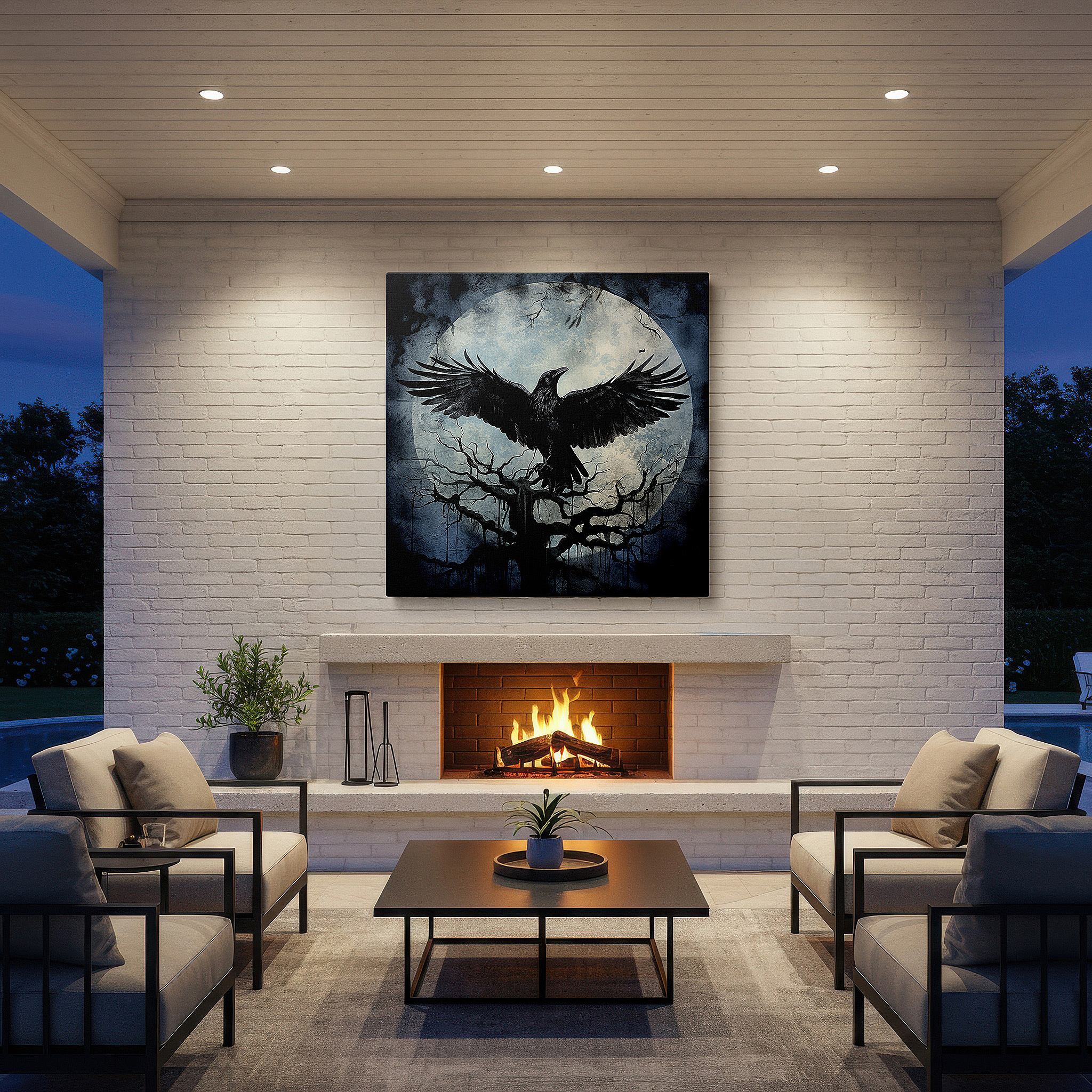 At 60×40 cm, this format fits effortlessly over dressers or benches — enigmatic raven on a withered branch under a mystical moon - large canvas wall art for office and bedroom decor