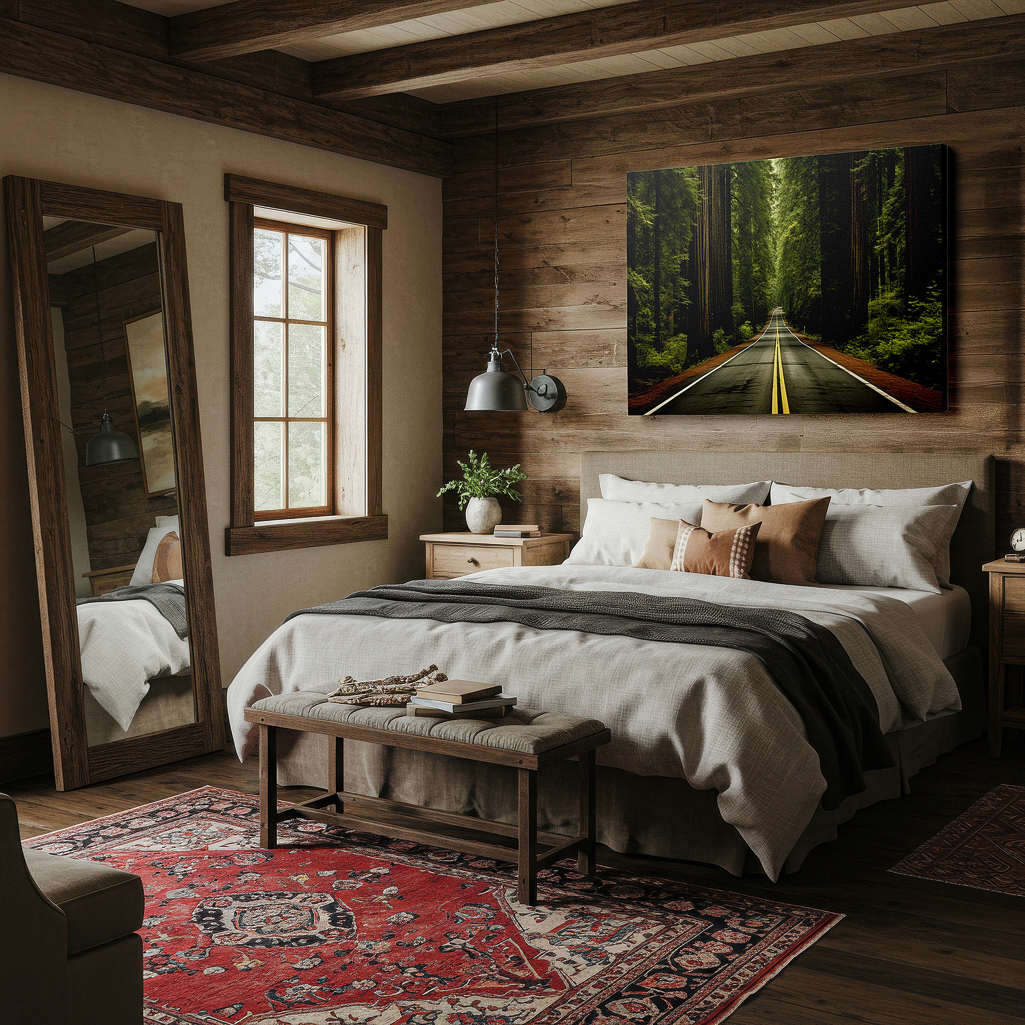 At 60×40 cm, this format fits effortlessly over dressers or benches — explore the majestic redwoods: serene forest path - large wall art, canvas wall art, wall decor for office and bedroom