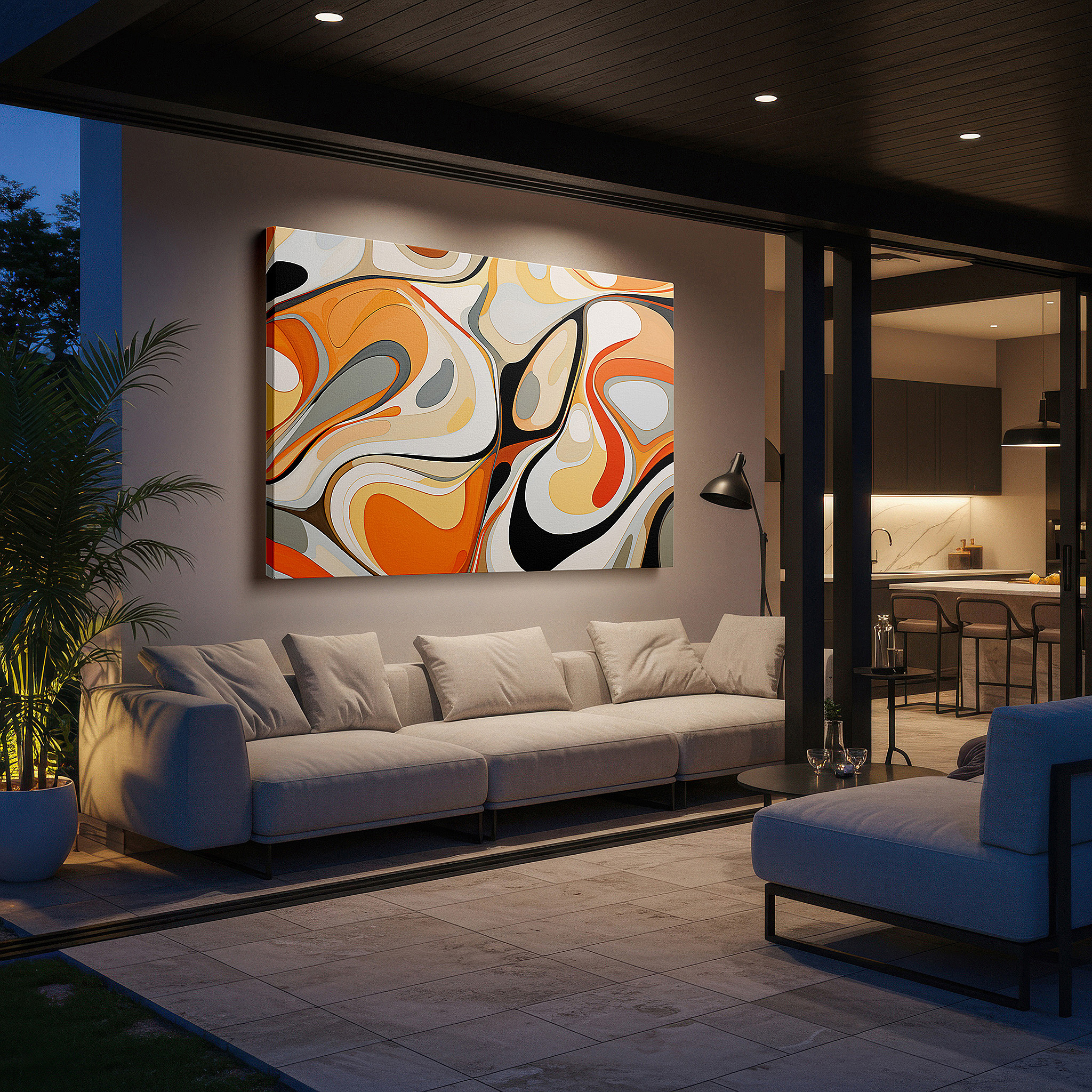 At 60×40 cm, this format fits effortlessly over dressers or benches — fluid organic shapes in warm orange and creamy white, featuring a symphony of curves and swirls, large wall art, canvas wall art, wall decor for office