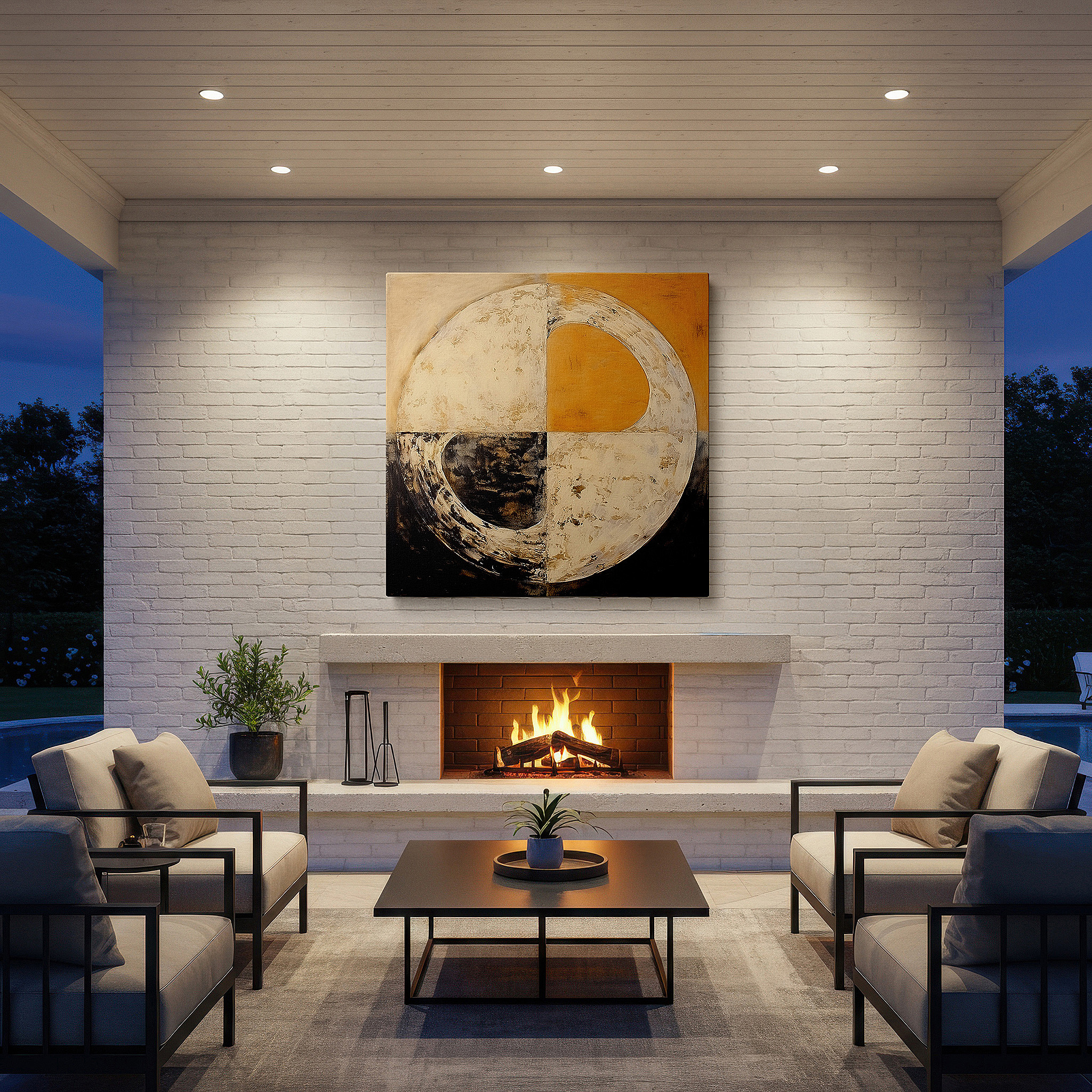 At 60×40 cm, this format fits effortlessly over dressers or benches — golden circle abstract wall art: radiant earth tones symbolizing unity, ideal for office and bedroom decor, large canvas