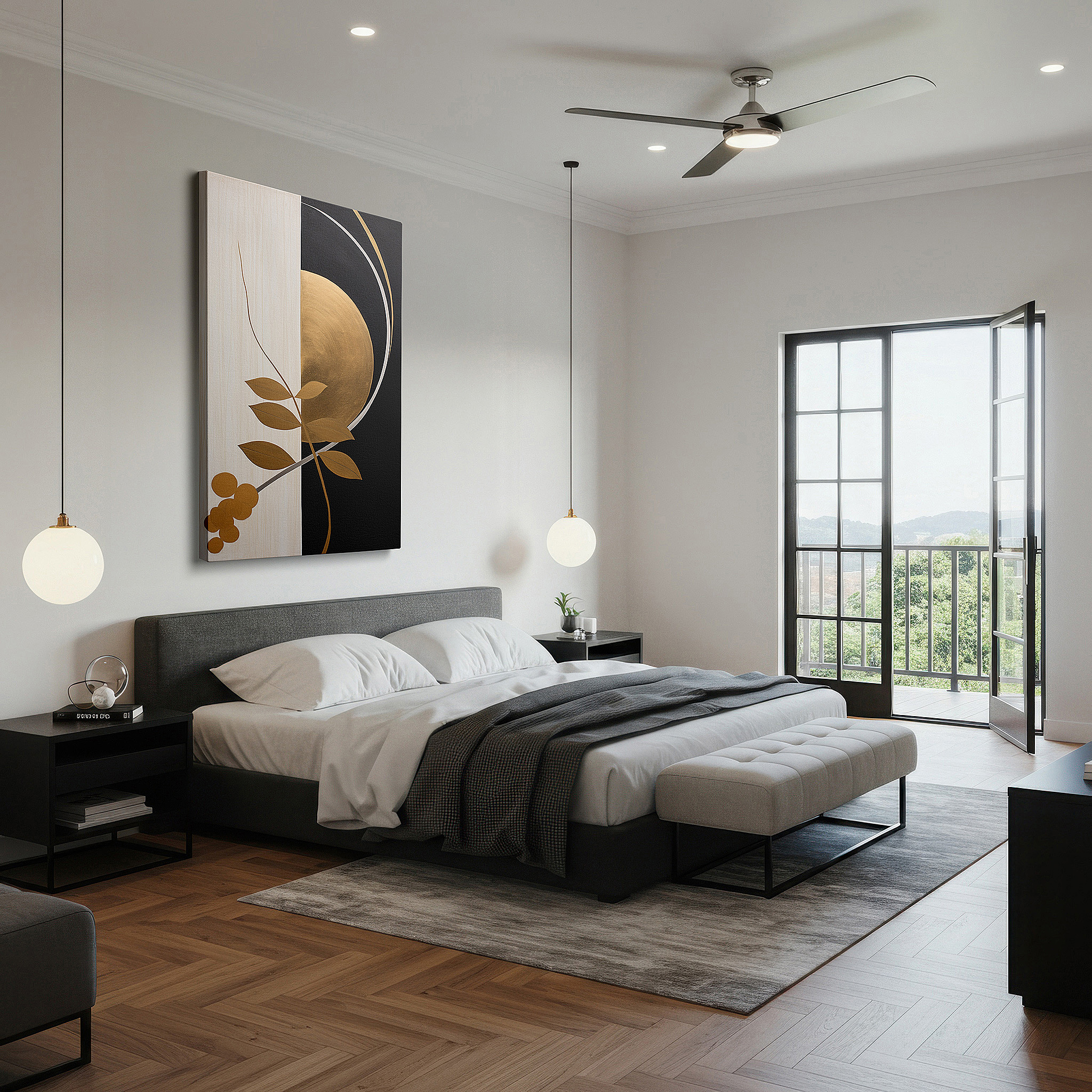 At 60×40 cm, this format fits effortlessly over dressers or benches — golden leaves circle in a bold dance, merging elegance with dramatic contrast - large wall art, canvas wall art, wall decor, office wall art