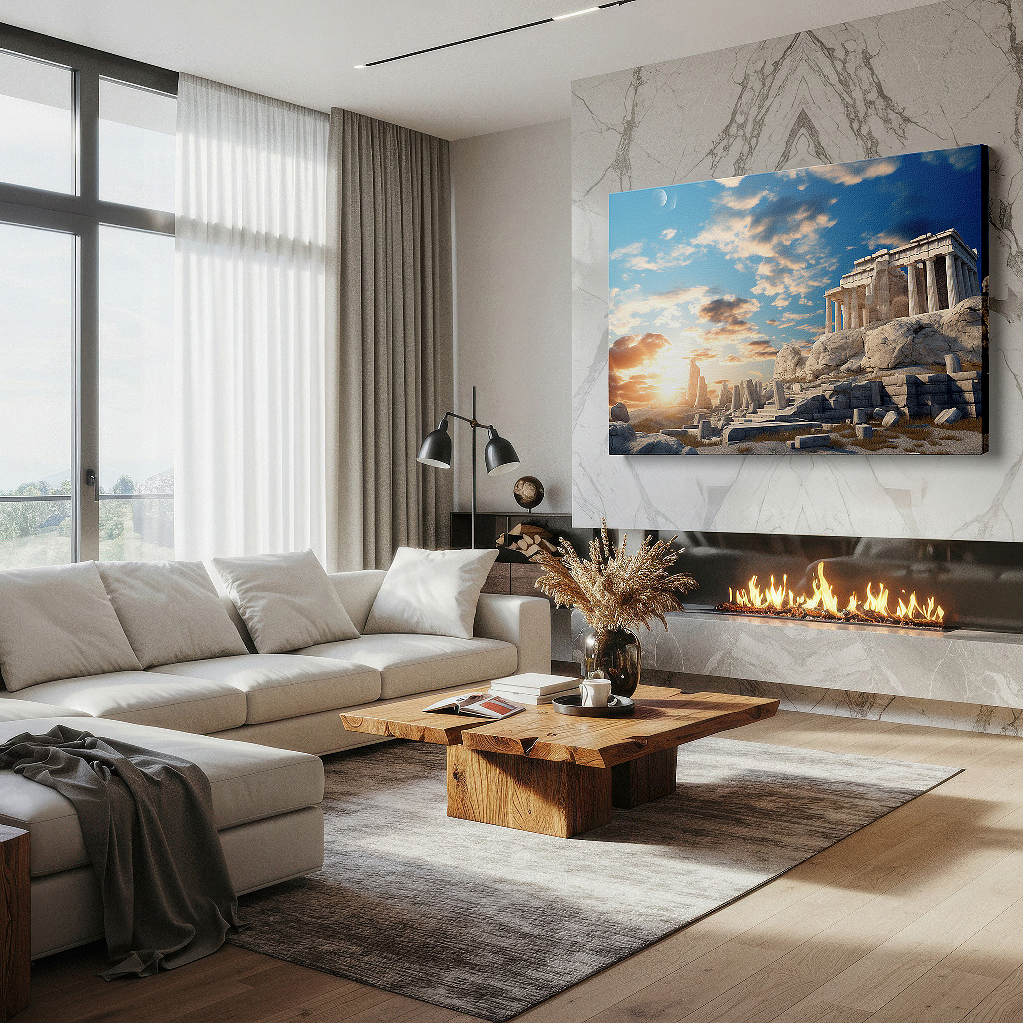 At 60×40 cm, this format fits effortlessly over dressers or benches — golden sunset at the parthenon - hyper-realistic digital homage to greek magnificence, large wall art, canvas wall art, wall decor, office wall art