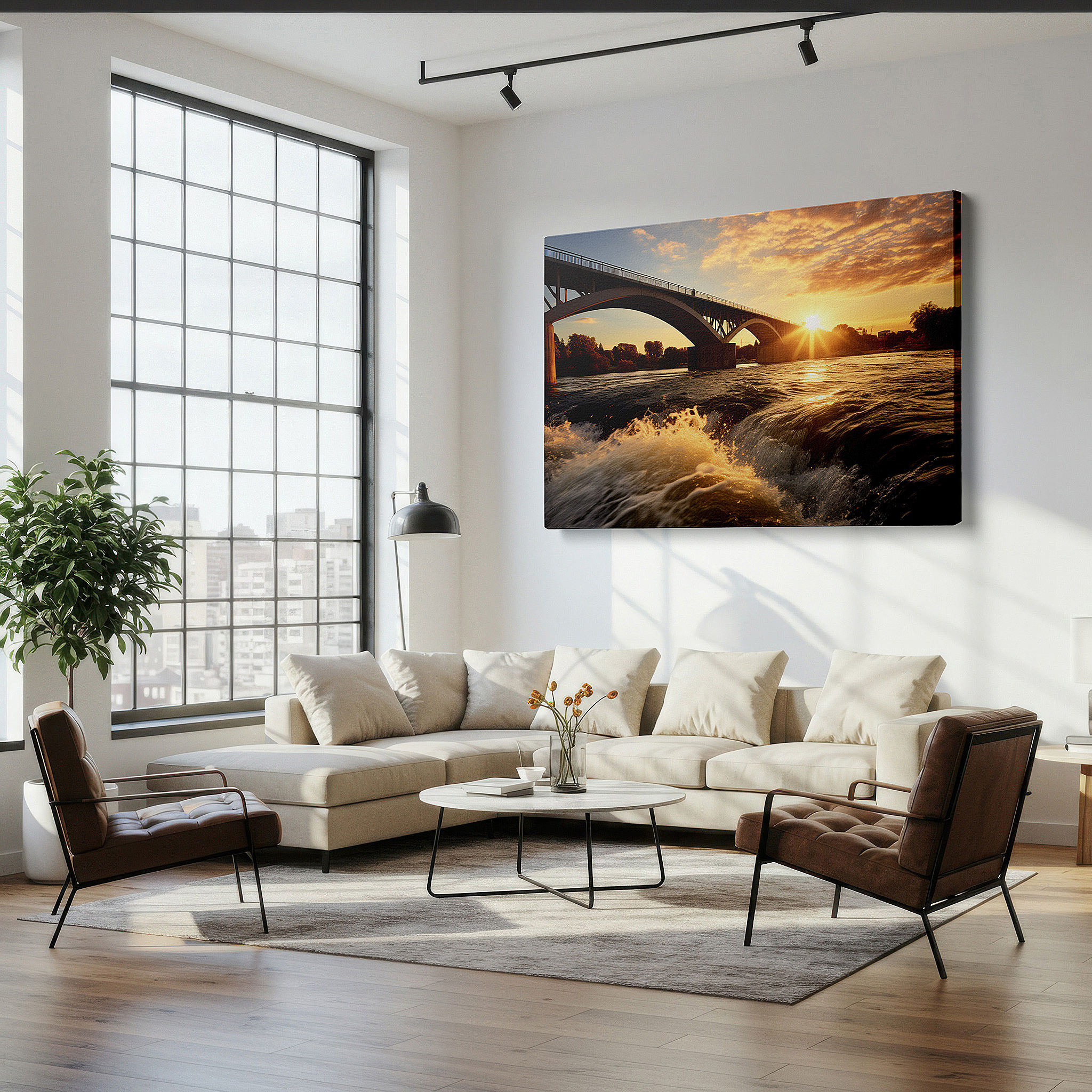At 60×40 cm, this format fits effortlessly over dressers or benches — golden sunset and silhouetted bridge wall art: large canvas for office, bedroom, and living room decor