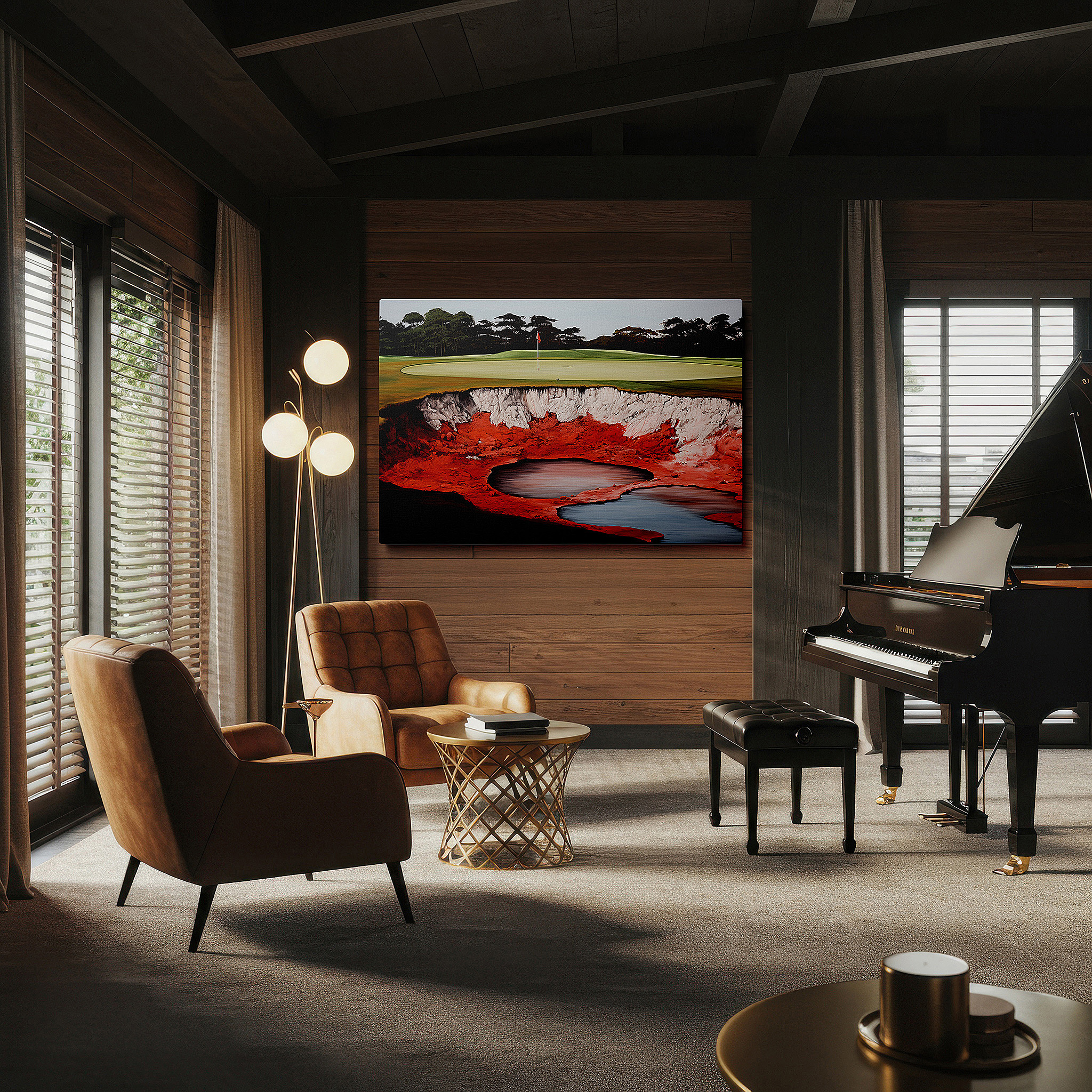 At 60×40 cm, this format fits effortlessly over dressers or benches — golf course elegance and geological drama wall art featuring central sinkhole, large canvas wall art for office and bedroom decor