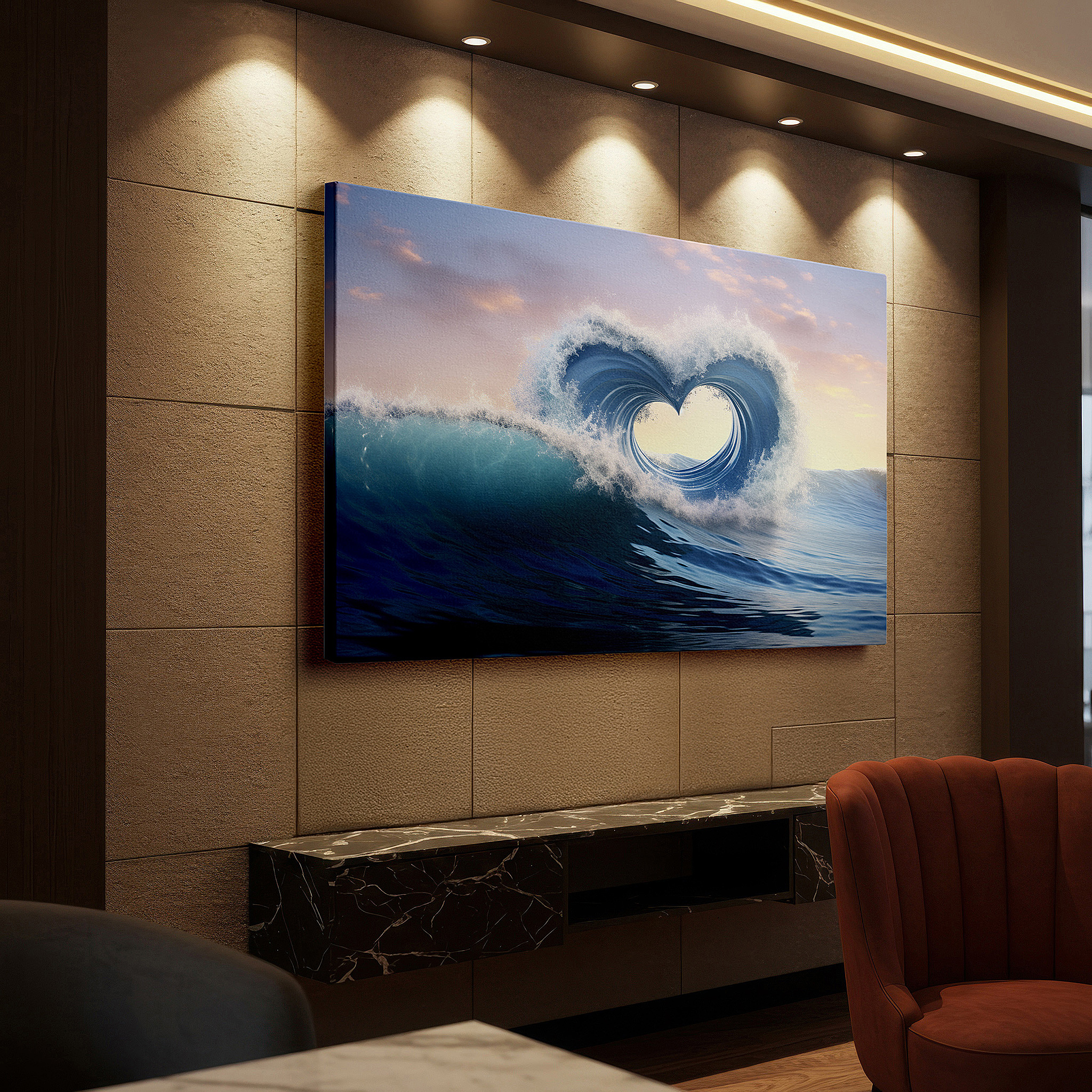 At 60×40 cm, this format fits effortlessly over dressers or benches — "heart of the ocean" - serene seascape featuring a heart-shaped wave at dawn, large canvas wall art for home and office decor
