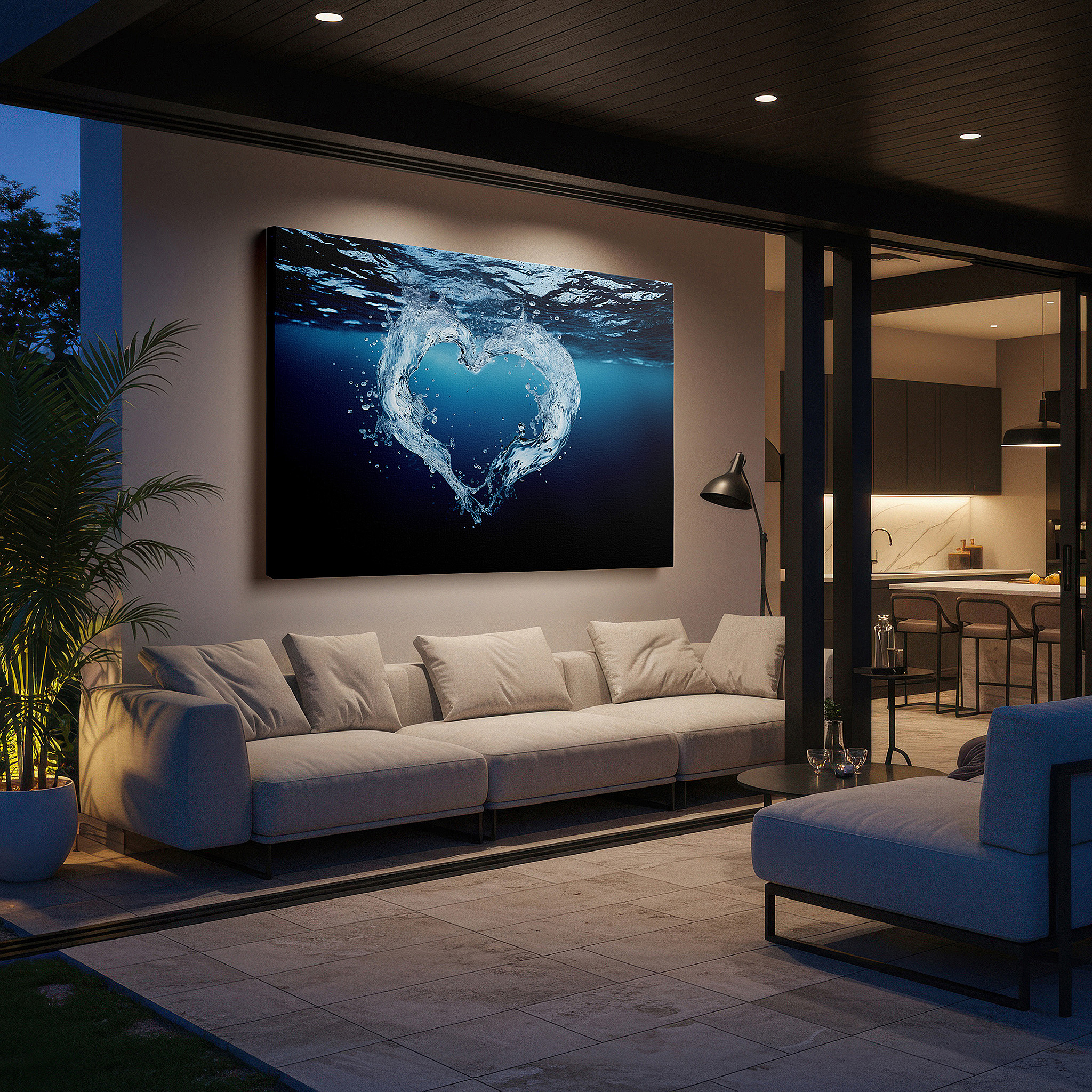 At 60×40 cm, this format fits effortlessly over dressers or benches — heart-shaped water splash on serene blue background - large canvas wall art for office and bedroom decor