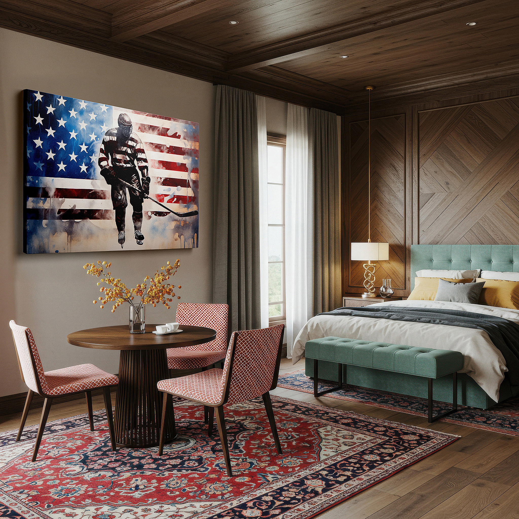 At 60×40 cm, this format fits effortlessly over dressers or benches — hockey player with american flag - celebrating sport and patriotism large wall art, canvas wall art, wall decor, office wall art