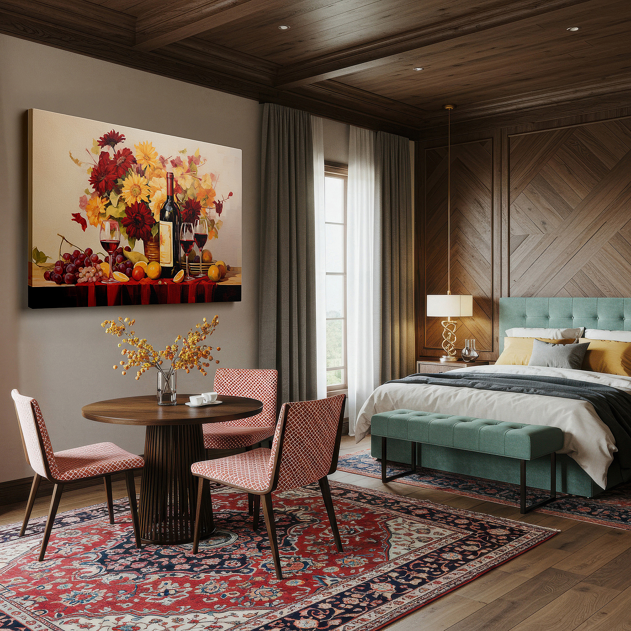 At 60×40 cm, this format fits effortlessly over dressers or benches — joyful celebration of life with wine, fruit, and flowers: large canvas wall art for home and office decor