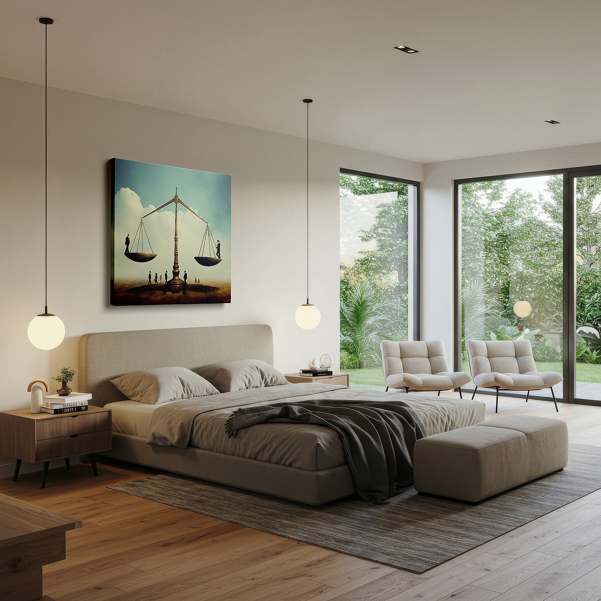 At 60×40 cm, this format fits effortlessly over dressers or benches — justice and equality vision: balancing humanity scales - large wall art, canvas decor for office, bedroom, and living room