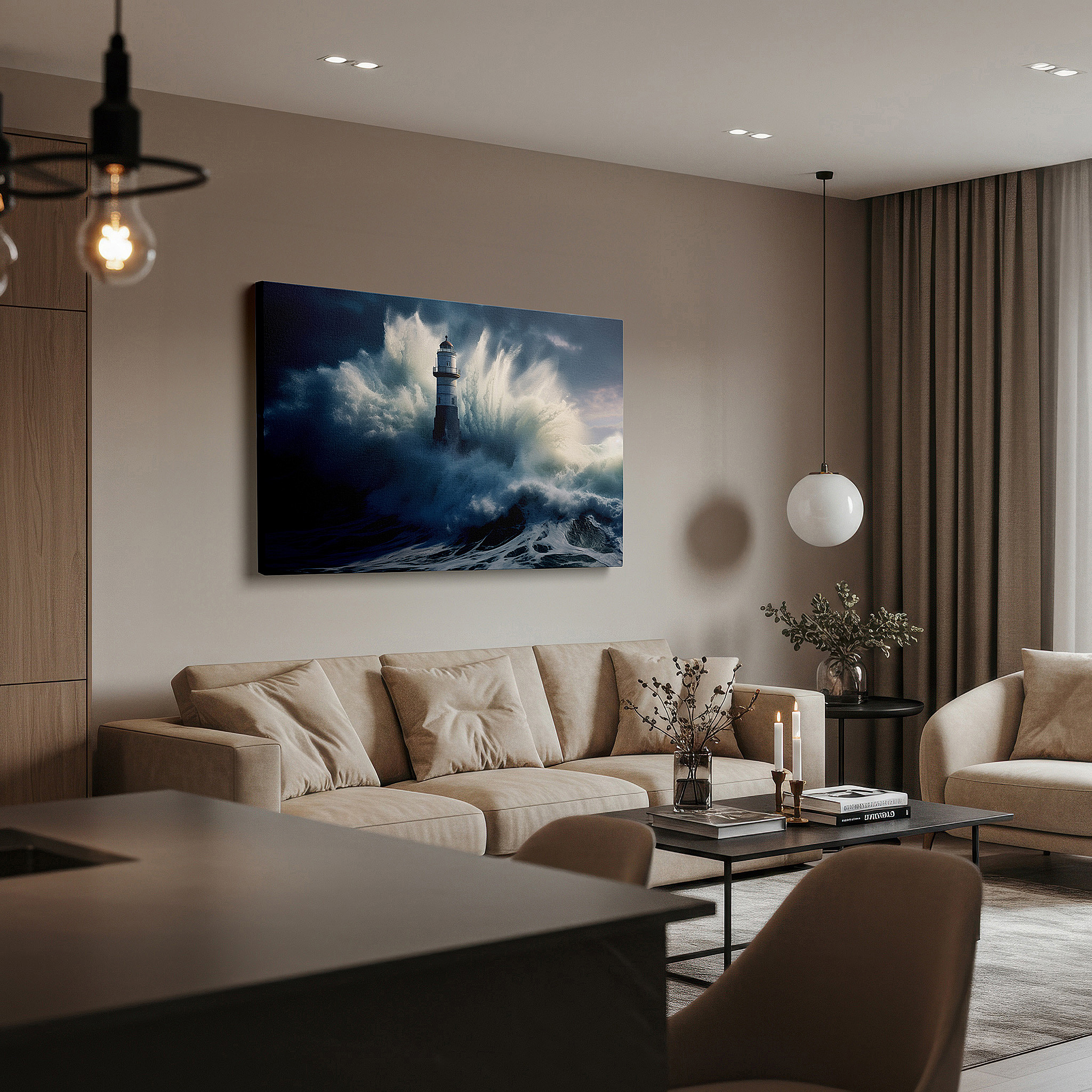 At 60×40 cm, this format fits effortlessly over dressers or benches — lighthouse amidst nature's fury wall art - symbolizing resilience and hope, perfect for office, bedroom, and home decor, available as large canvas art