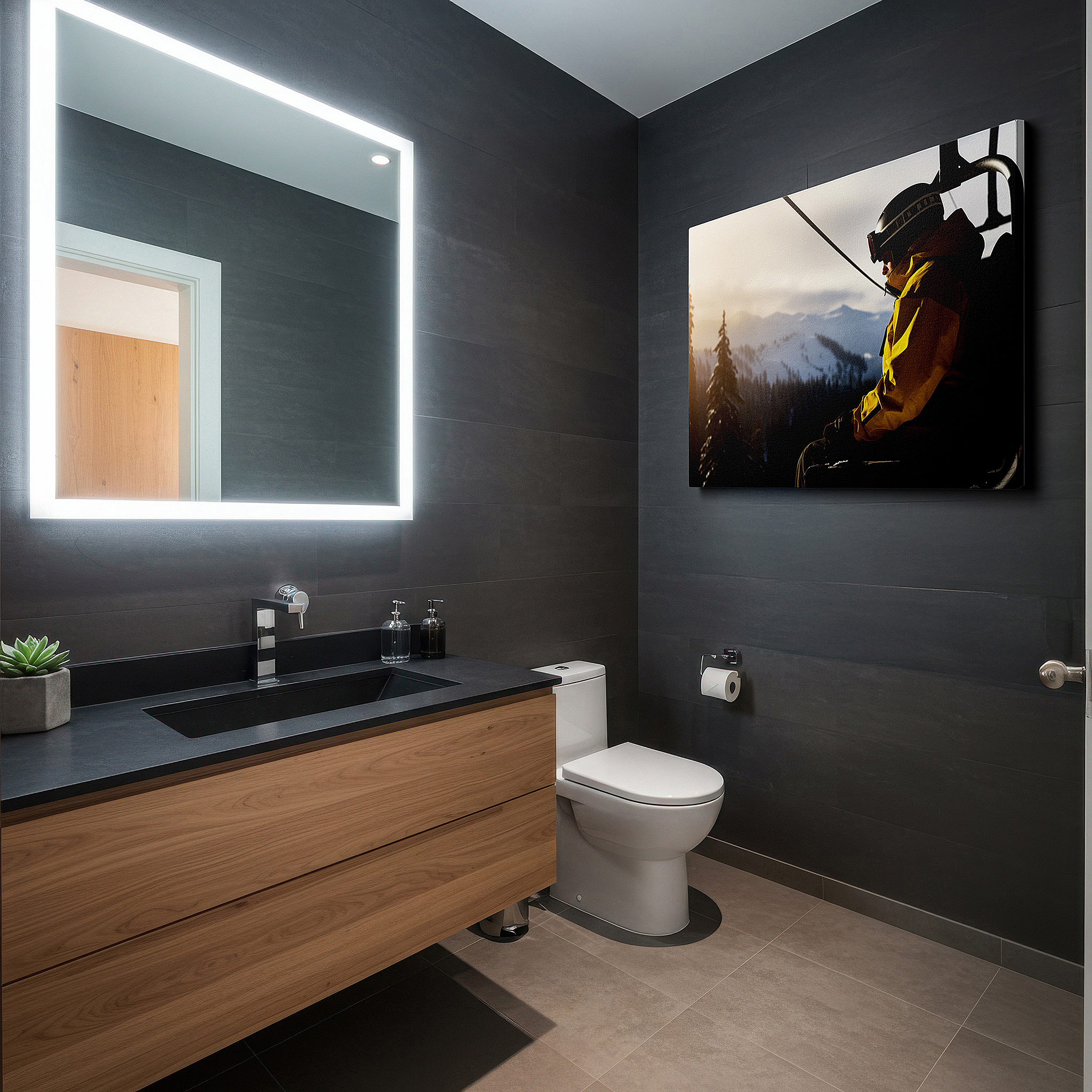 At 60×40 cm, this format fits effortlessly over dressers or benches — lone skier ascending in chairlift against snow-capped peaks at dusk - large canvas wall art for office and bedroom decor
