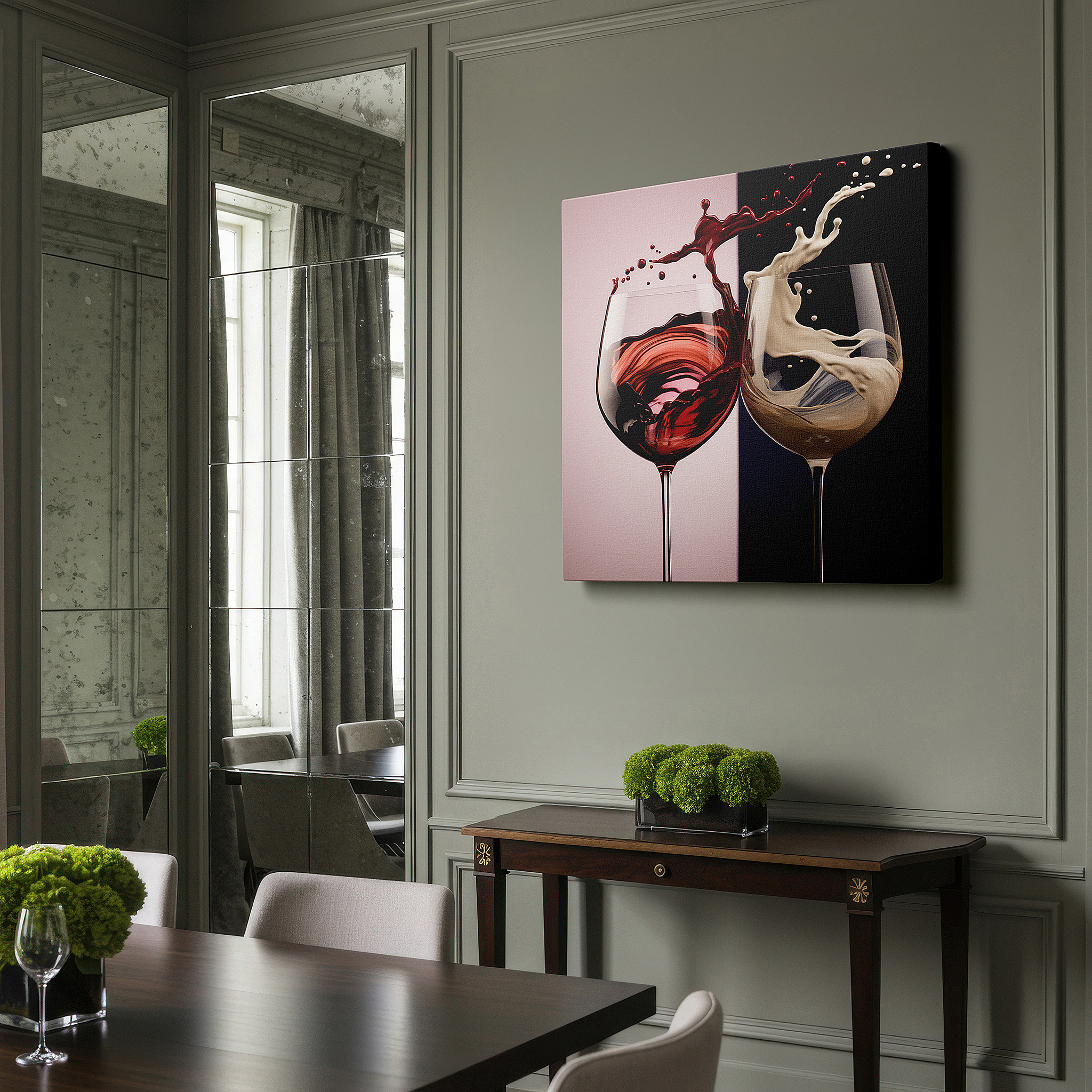 At 60×40 cm, this format fits effortlessly over dressers or benches — luxury toast wall art - rich red and creamy white celebratory splashes, large canvas wall art for office and bedroom decor