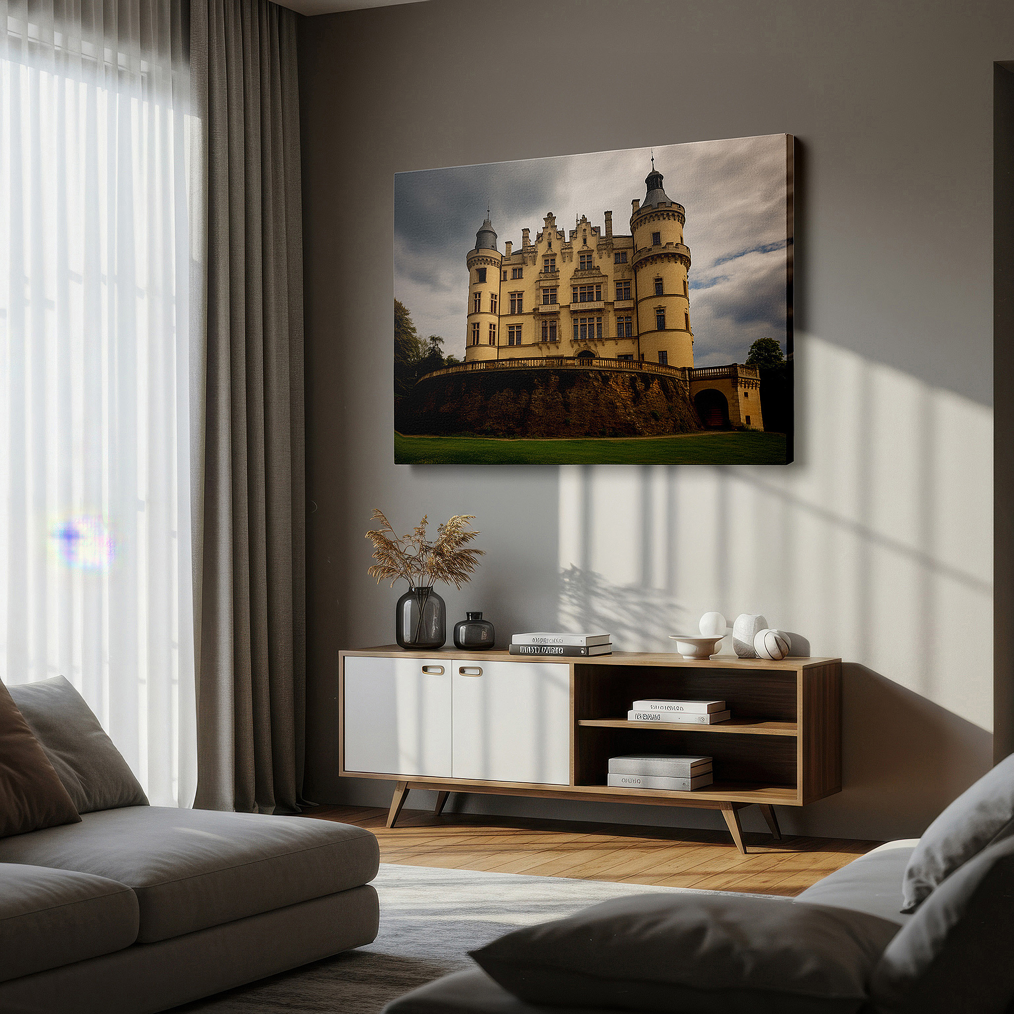 At 60×40 cm, this format fits effortlessly over dressers or benches — majestic castle on rugged hill: a showcase of architectural excellence amidst natural splendor - large wall art, canvas wall art, wall decor for office