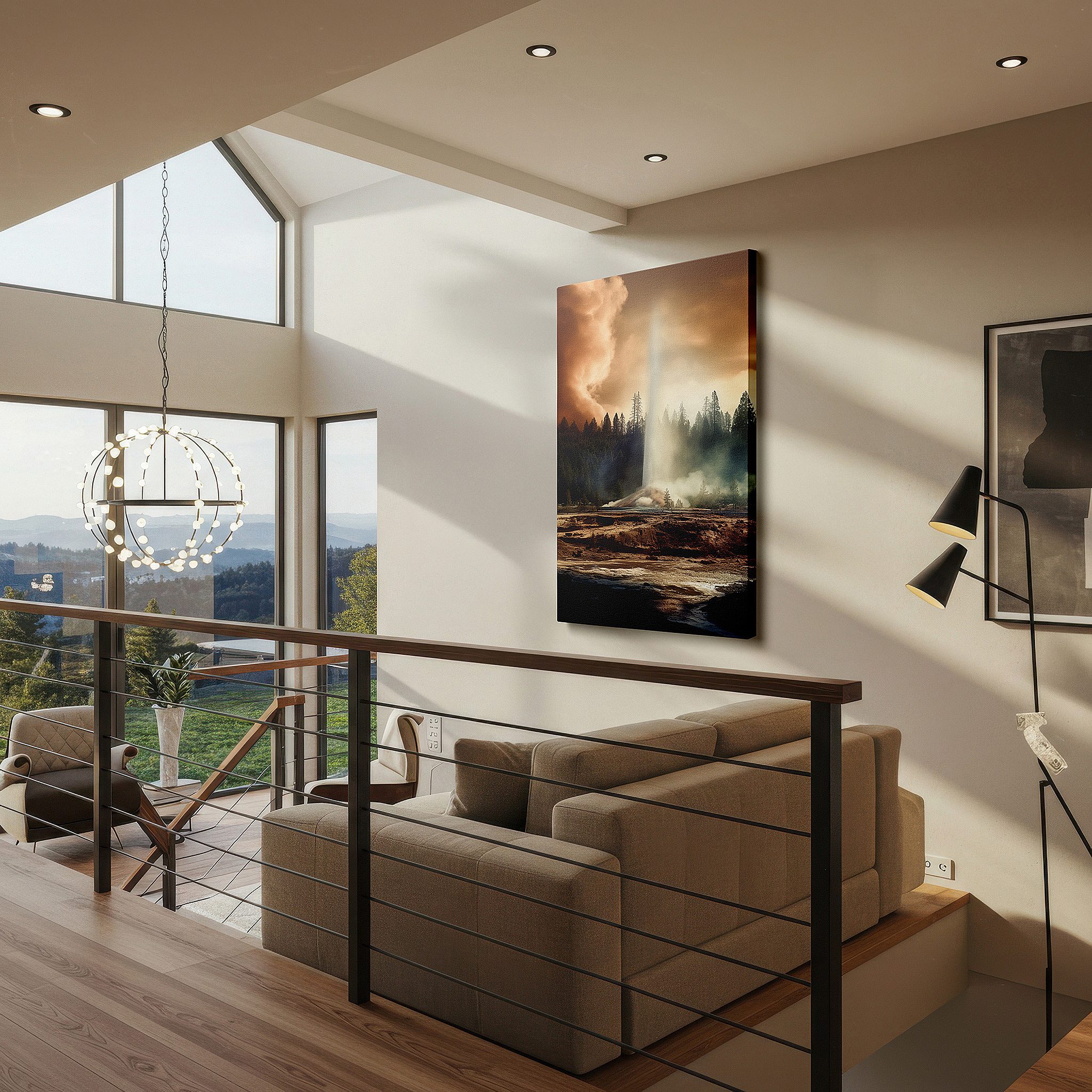 At 60×40 cm, this format fits effortlessly over dressers or benches — majestic geyser eruption wall art featuring towering pines and stormy skies for office, bedroom, and living room decor