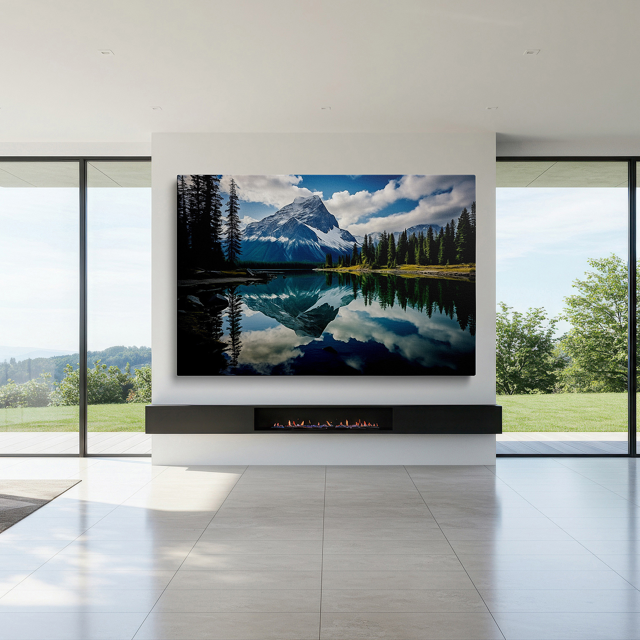At 60×40 cm, this format fits effortlessly over dressers or benches — majestic mountains and serene lake reflections beneath captivating skies: large canvas wall art for office and bedroom decor