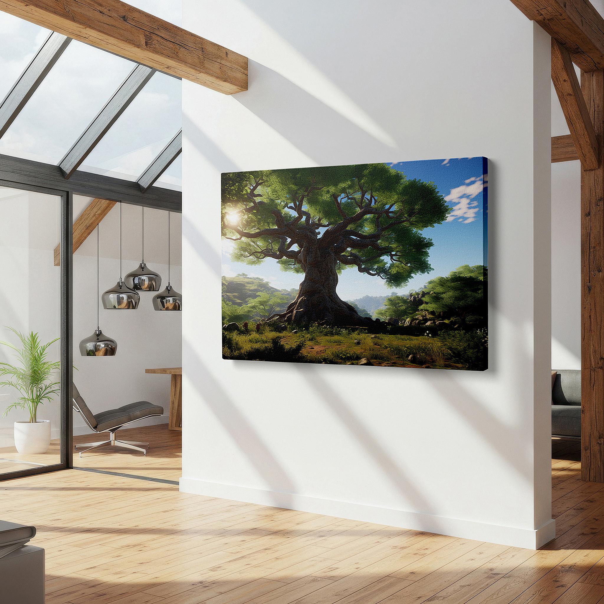 At 60×40 cm, this format fits effortlessly over dressers or benches — majestic tree amid green scenery under blue sky large wall art, canvas wall art, wall decor for office, bedroom, and living room