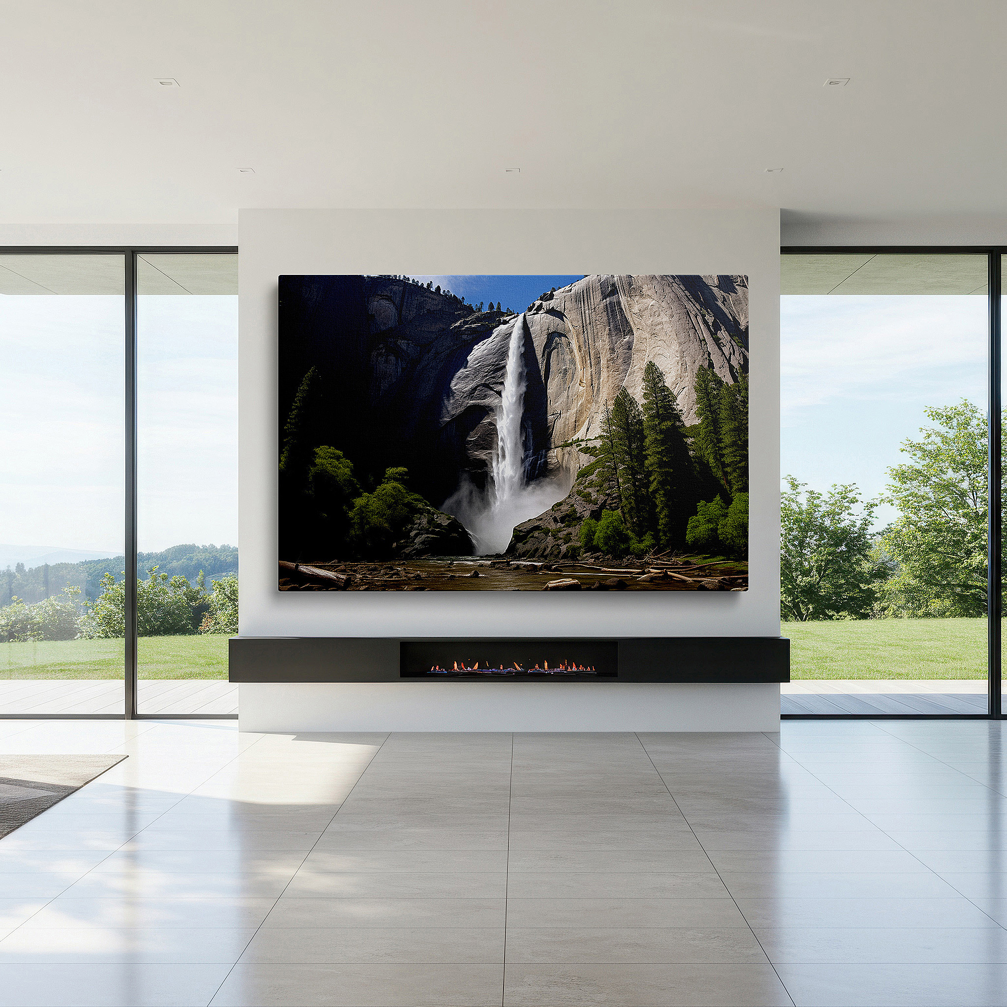 At 60×40 cm, this format fits effortlessly over dressers or benches — majestic waterfall amidst lush forests: a stunning display of light and ethereal glow - large canvas wall art for home and office decor