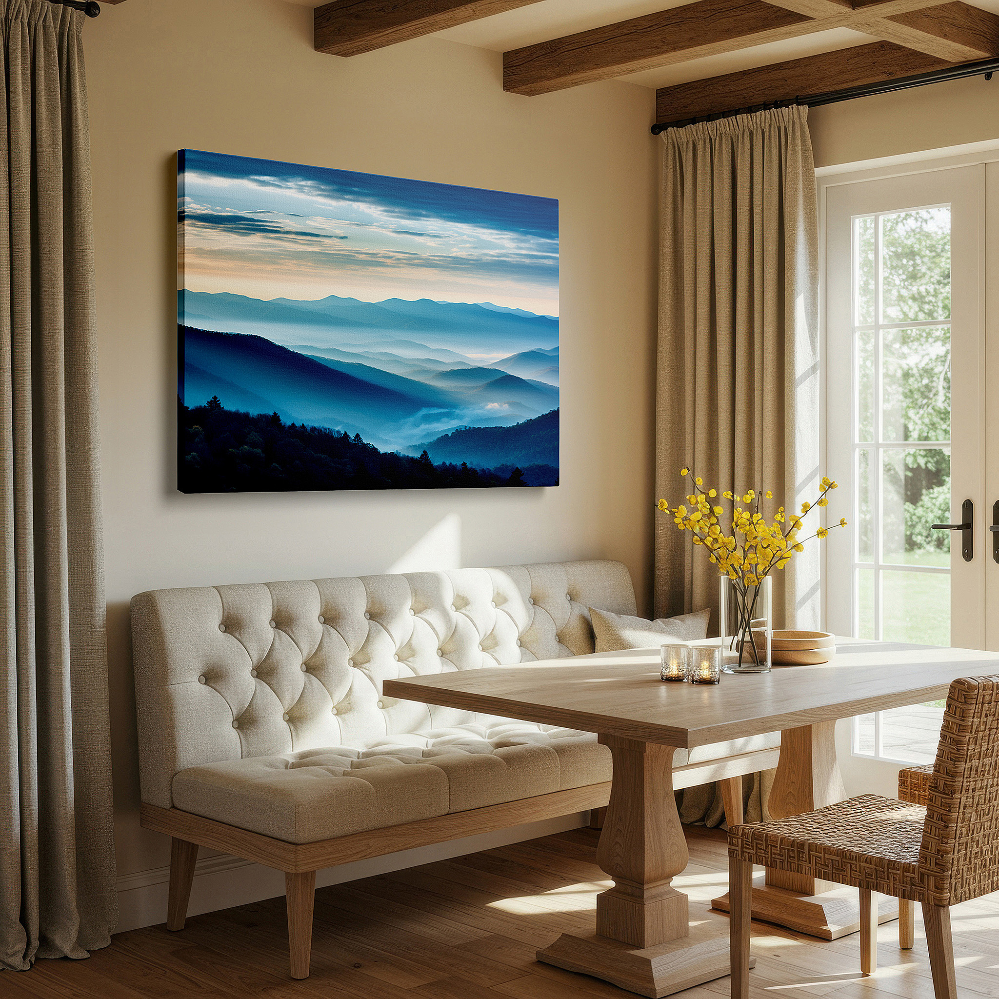 At 60×40 cm, this format fits effortlessly over dressers or benches — misty mountain blues at ethereal dawn: tranquil nature escape large canvas wall art for office and bedroom decor