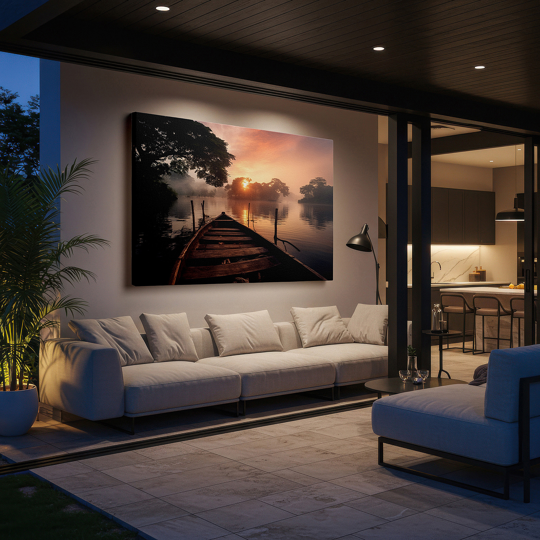 At 60×40 cm, this format fits effortlessly over dressers or benches — misty sunrise over tranquil lake featuring rustic boat and ethereal light - large canvas wall art for office and bedroom decor