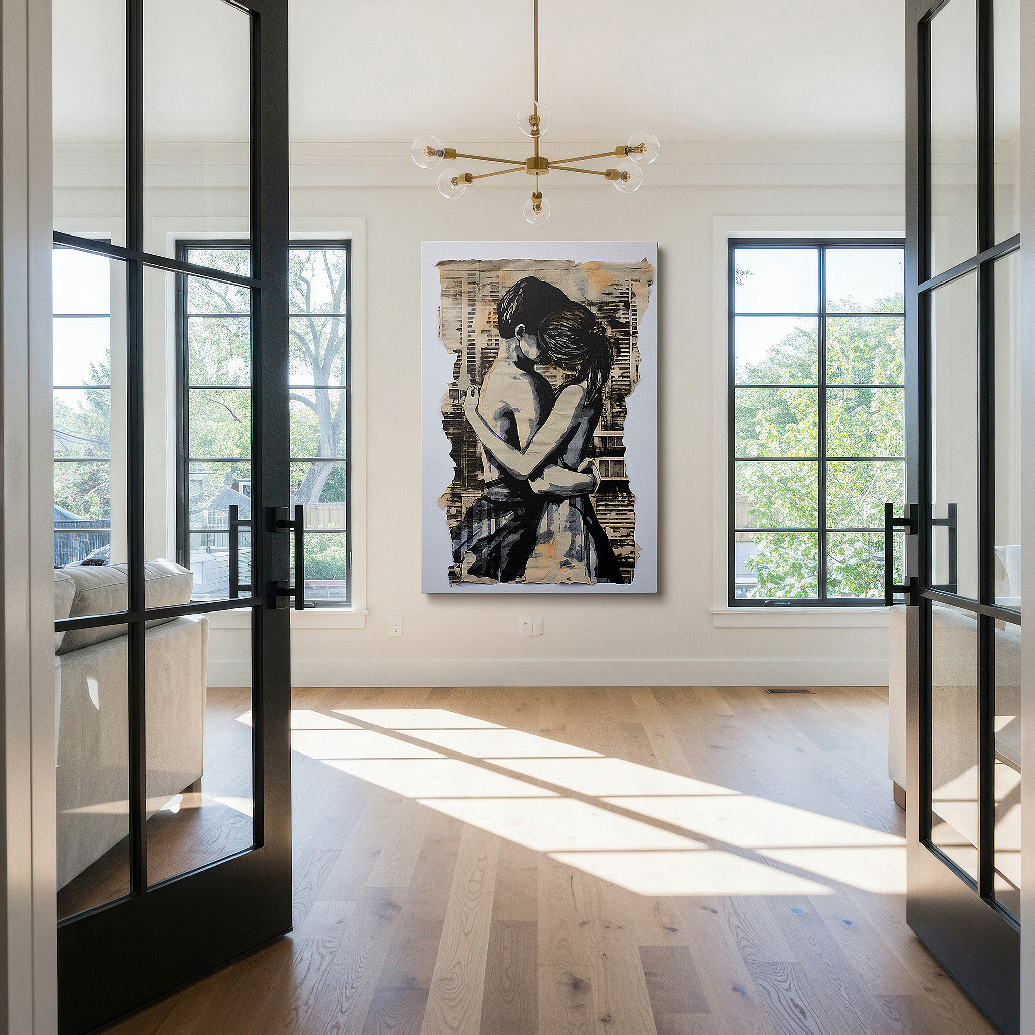 At 60×40 cm, this format fits effortlessly over dressers or benches — monochrome intimate embrace, timeless urban love story large wall art, canvas wall art, wall decor for office, bedroom, and living room
