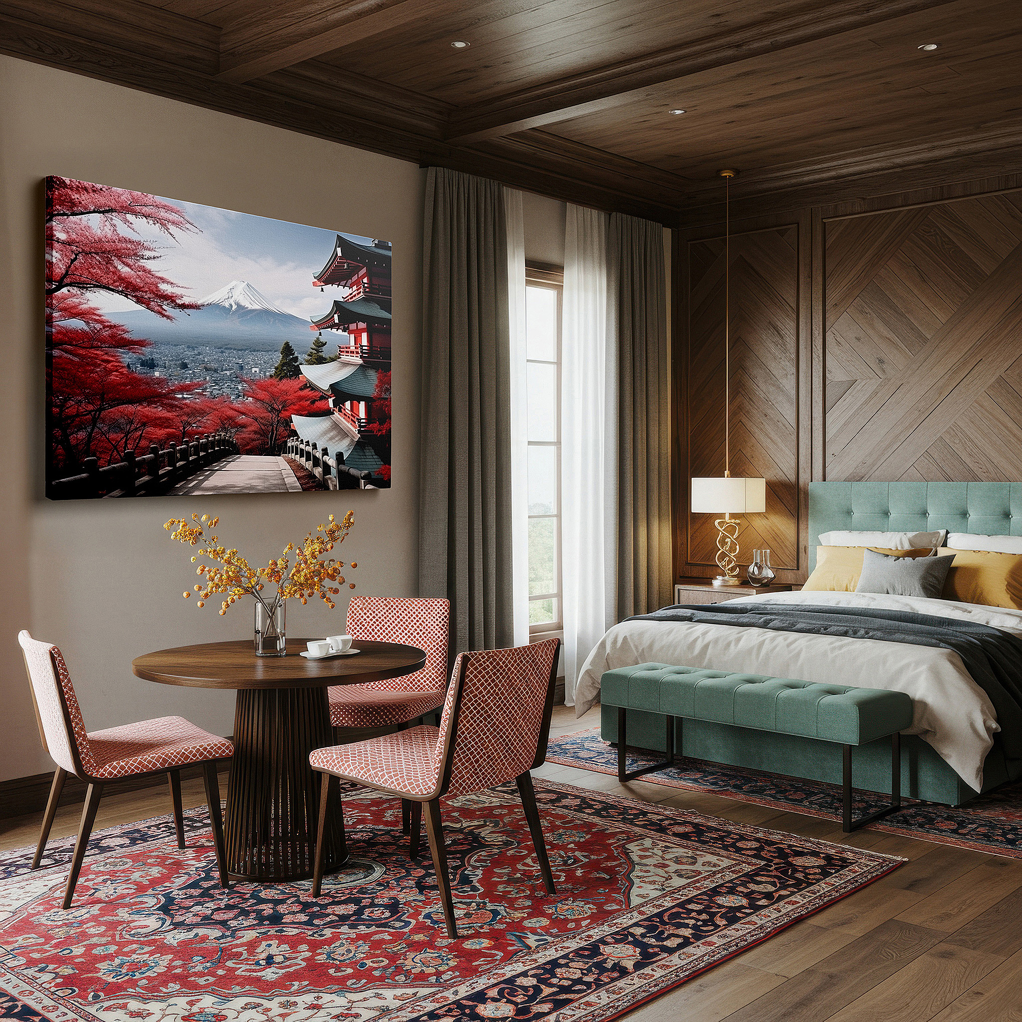 At 60×40 cm, this format fits effortlessly over dressers or benches — mount fuji and cherry blossoms featuring a japanese pagoda: a serene fusion of nature and culture - large canvas wall art for office decor