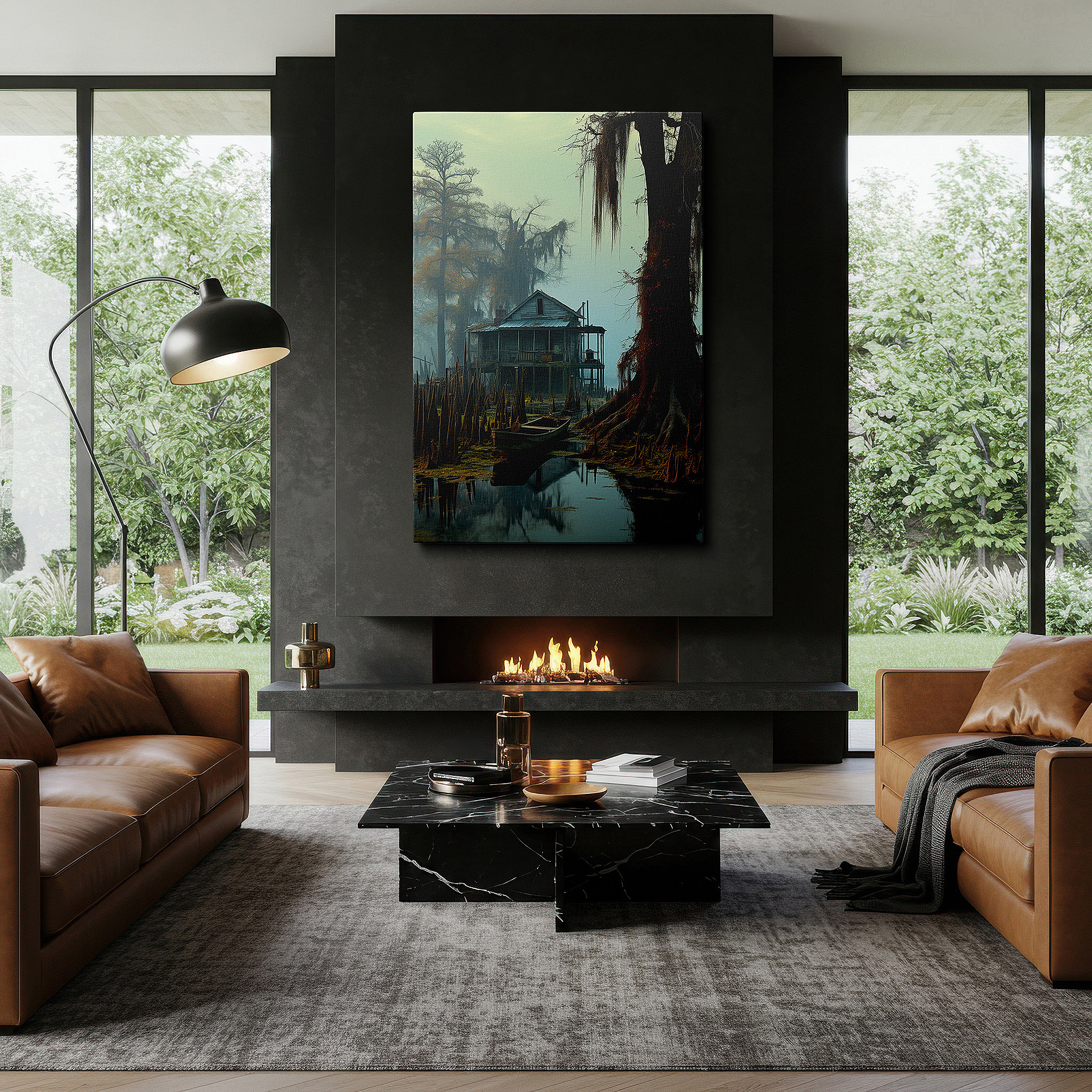 At 60×40 cm, this format fits effortlessly over dressers or benches — mystical dawn in the swamp: ethereal fog and ancient cypress trees - large wall art, canvas wall art, wall decor for office and bedroom