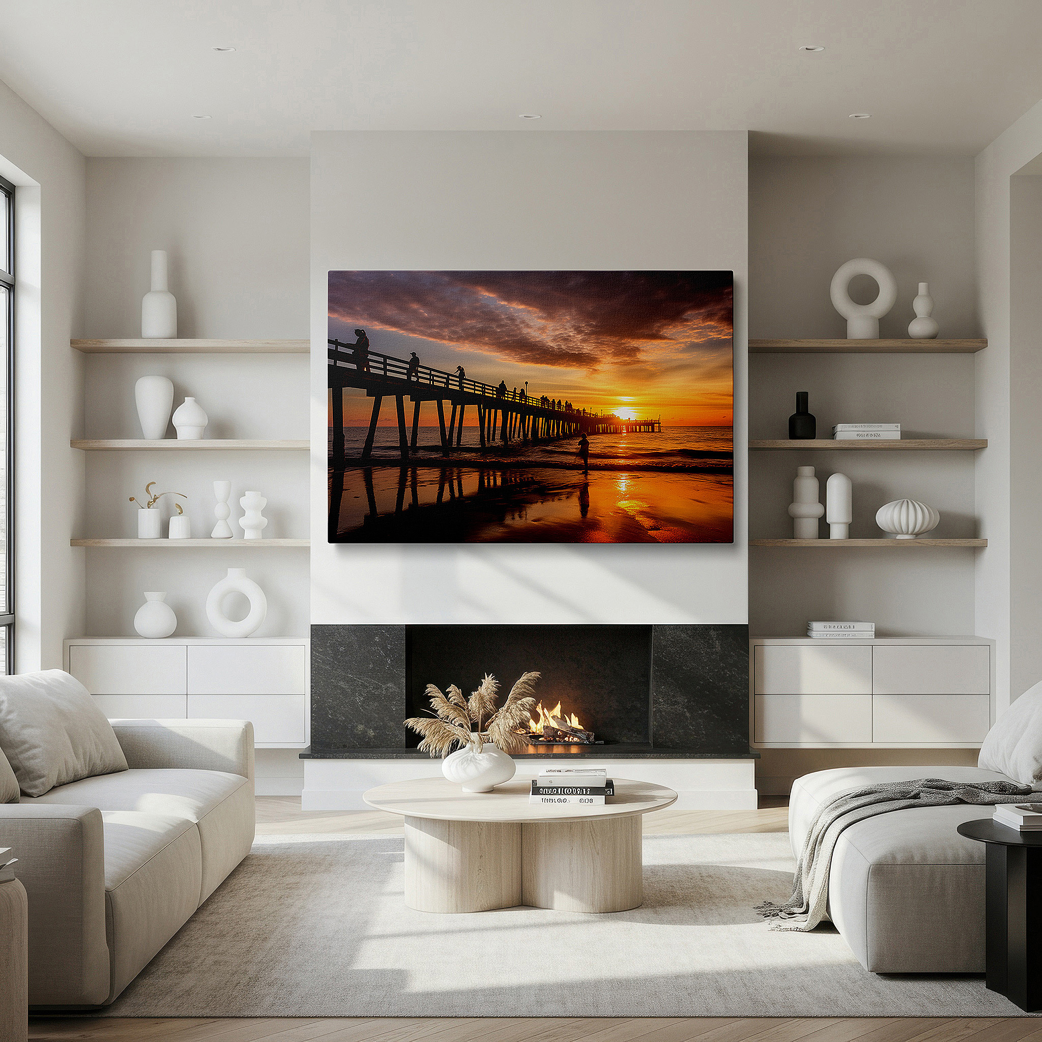 At 60×40 cm, this format fits effortlessly over dressers or benches — ocean pier sunset serenity - tranquil scenery with golden and silvery hues large wall art, canvas wall art, wall decor for office