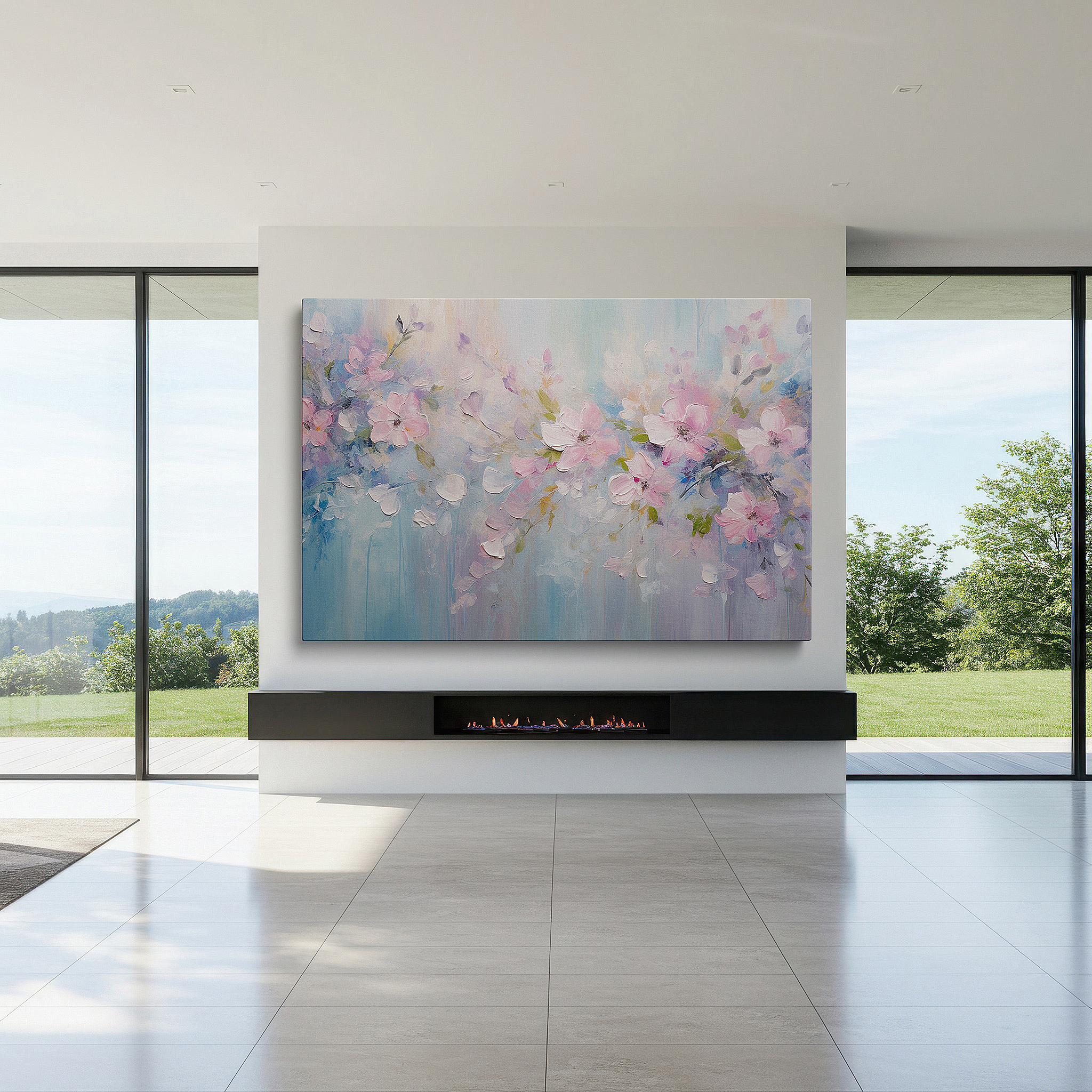 At 60×40 cm, this format fits effortlessly over dressers or benches — pink blossoms on a serene blue background large wall art, canvas wall decor, office wall decor, bedroom wall decor, living room wall art